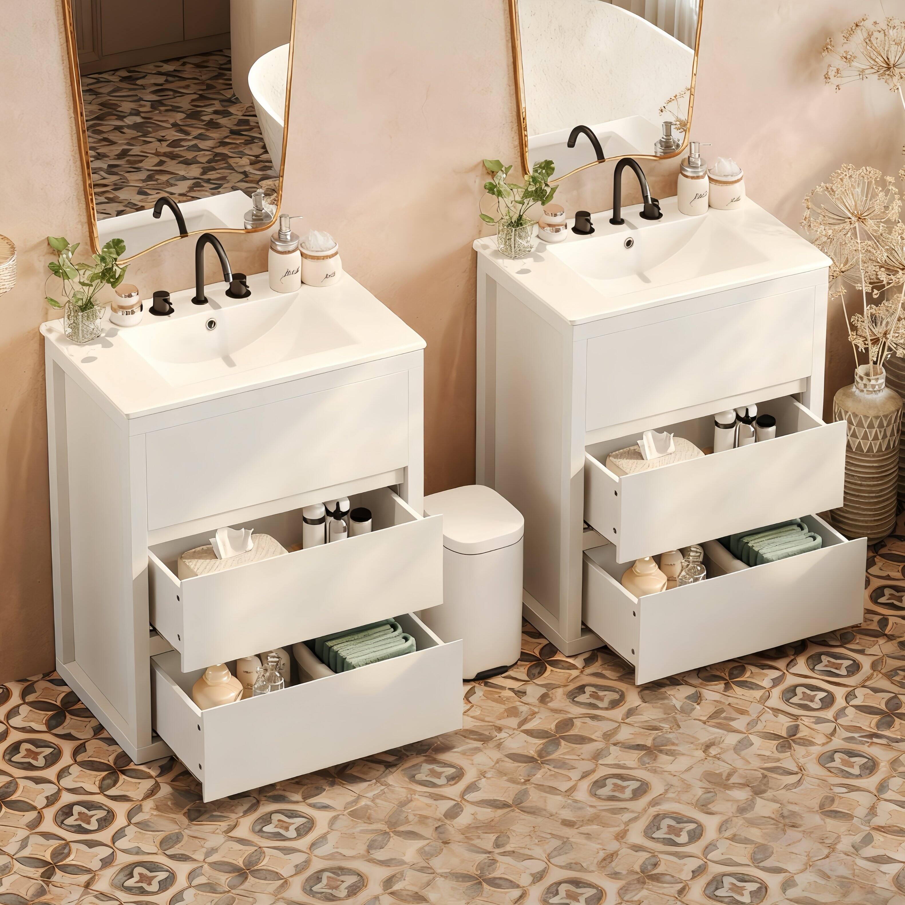 Left. Loheer - 5 ft Double Sink Bathroom Vanity Set with Ceramic Sinks, Soft Close Drawers - White.