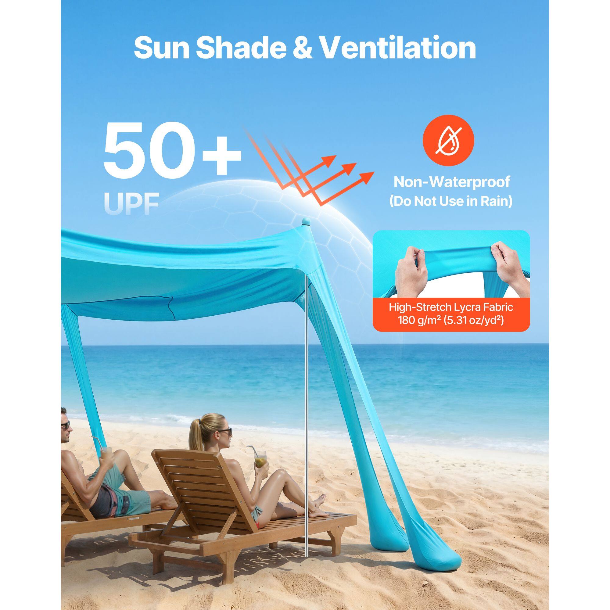 Sun Shade & Ventilation  
50+ UPF  
Non-Waterproof (Do Not Use in Rain)  
High-Stretch Lycra Fabric  
180 g/m² (5.31 oz/yd²)