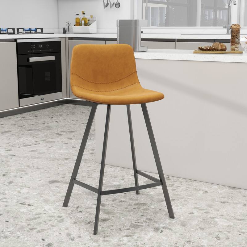 Alt View 3. LeisureMod - Elland Counter Stool, Modern Upholstered Leather Counter Height Barstool with Iron Legs and Footrest - Light Brown.