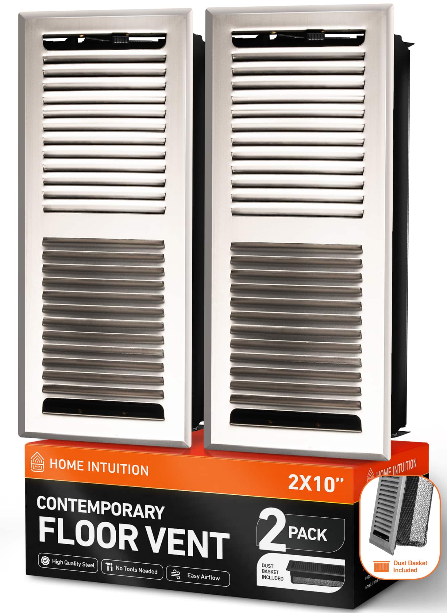 Home Intuition - Contemporary Floor Vent Covers 2X12 Inch with Mesh Cover, Heat and Air for HVAC, 2-Pack - Satin Nickel