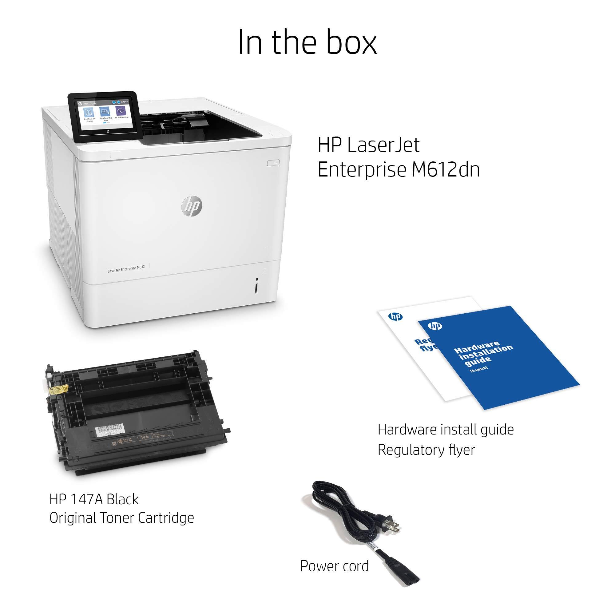 In the box

HP LaserJet Enterprise M612dn

HP 147A Black Original Toner Cartridge

Power cord

Hardware install guide

Regulatory flyer