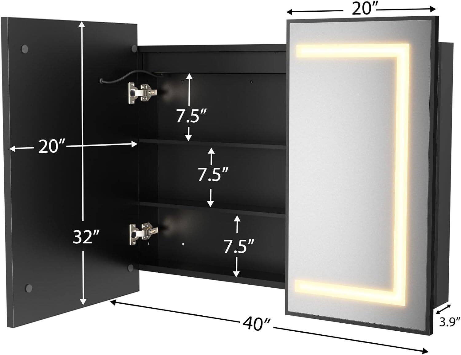 Angle. LOVMOR - LOVMOR 40x32 in. Surface Mount Brushed Gold Steel Double Door Tempered Glass Medicine Cabinet with Soft Close - Gloden.