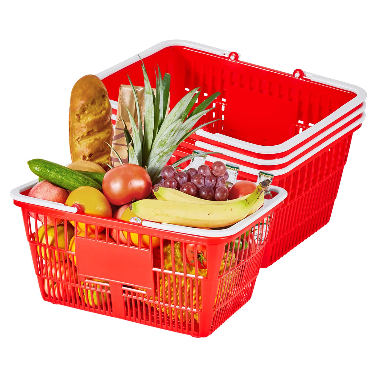 VEVOR - Shopping Baskets, 4 PCS, 21L Stackable PE Plastic Grocery Baskets with Handles, Dense Mesh Structure, Holds up to 20 lbs - Red