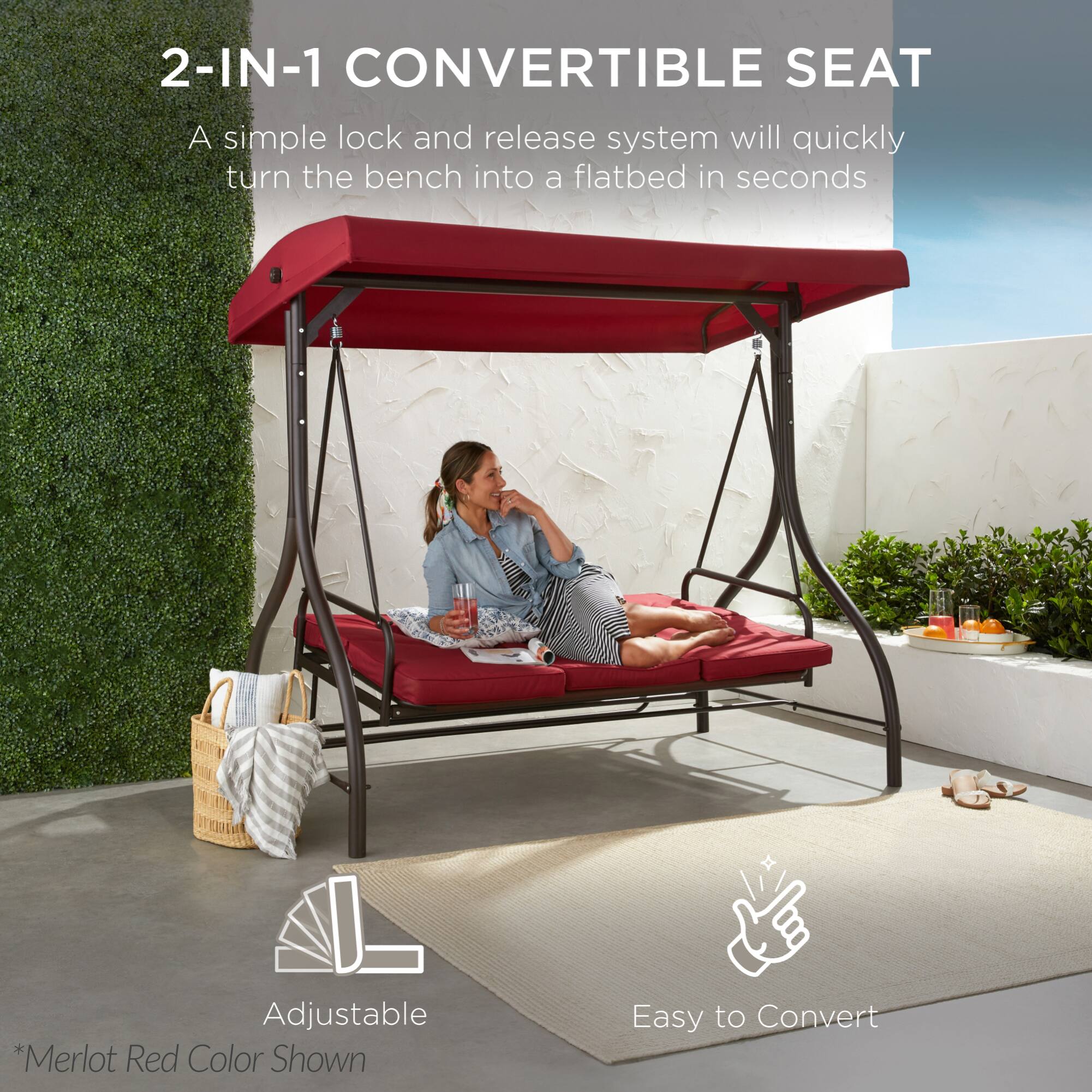 2-IN-1 CONVERTIBLE SEAT

A simple lock and release system will quickly turn the bench into a flatbed in seconds

Adjustable

Easy to Convert

*Merlot Red Color Shown