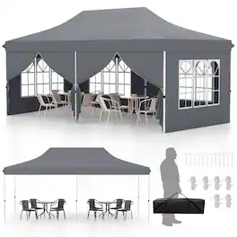 Costway - 10 x 20FT Pop up Canopy Outdoor Canopy Tent with 6 Sidewalls Carrying Bag - Gray