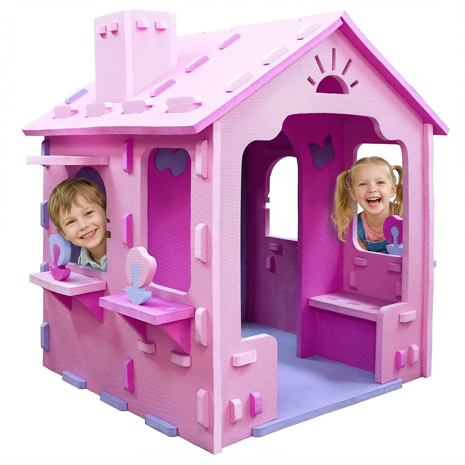 Costway - Kids EVA Foam Playhouse with Roof, Chimney, Windows & Doorways for Creative Play - Pink + Purple