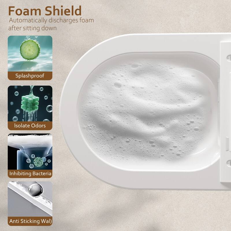 Foam Shield  
Automatically discharges foam after sitting down  

- Splashproof  
- Isolate Odors  
- Inhibiting Bacteria  
- Anti Sticking Wall