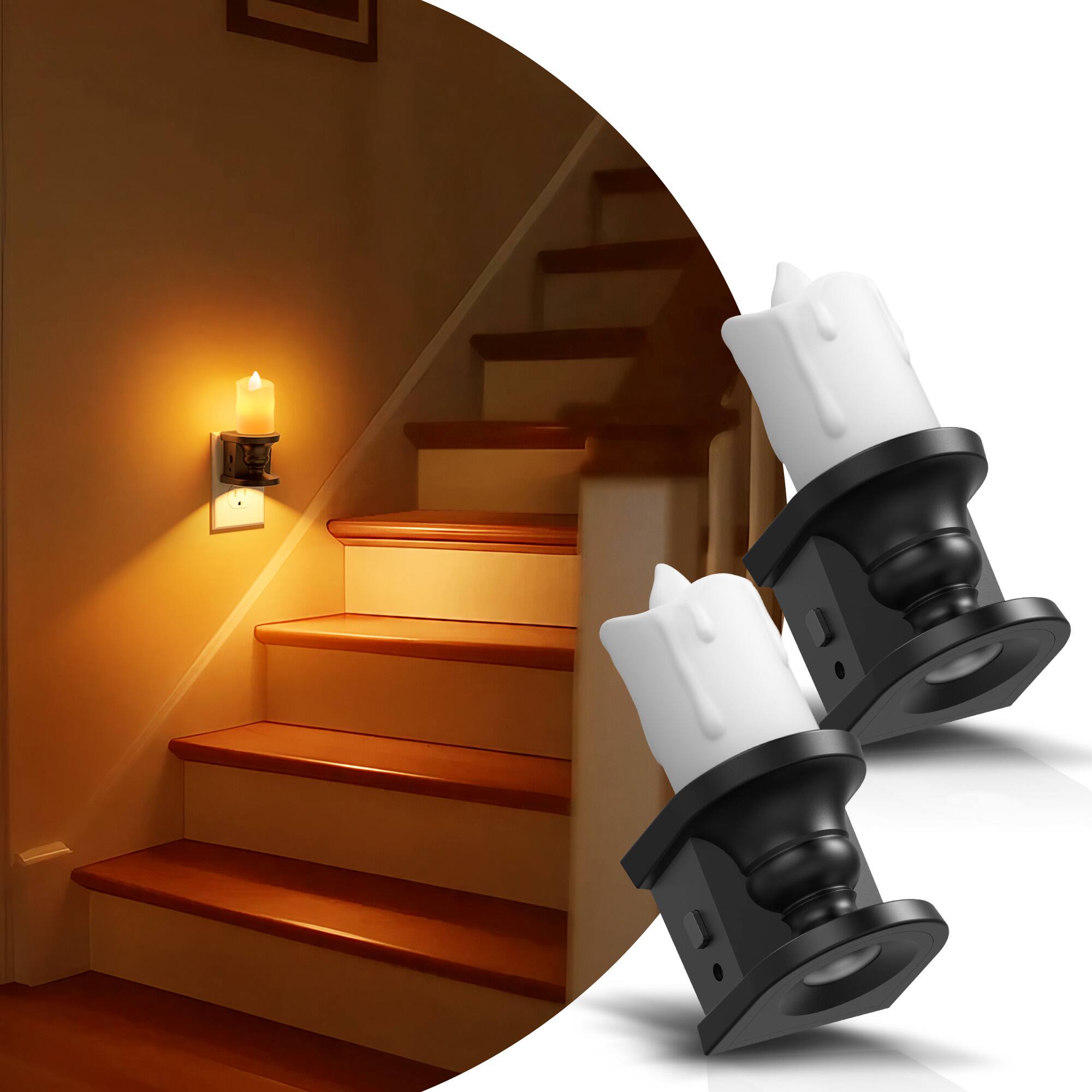 Angle. Jandcase - JANDCASE 2-Pack 2W  Plug-in Night Light, Amber Glow, Slim Candle with Flicker Effect, Up/Down Light, Slide Dimmer - Black.
