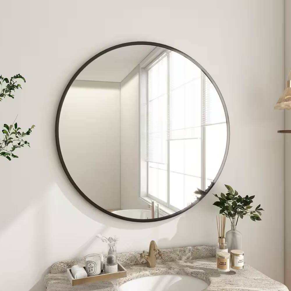 Left. Hivvago - Round 24-inch Circular Bathroom Wall Mirror with Black Frame - Black.