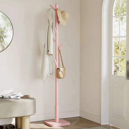 Front. SlickBlue - Modern Solid Wood Hall Tree Coat Rack with Hat Stand for Home Organization - Pink.