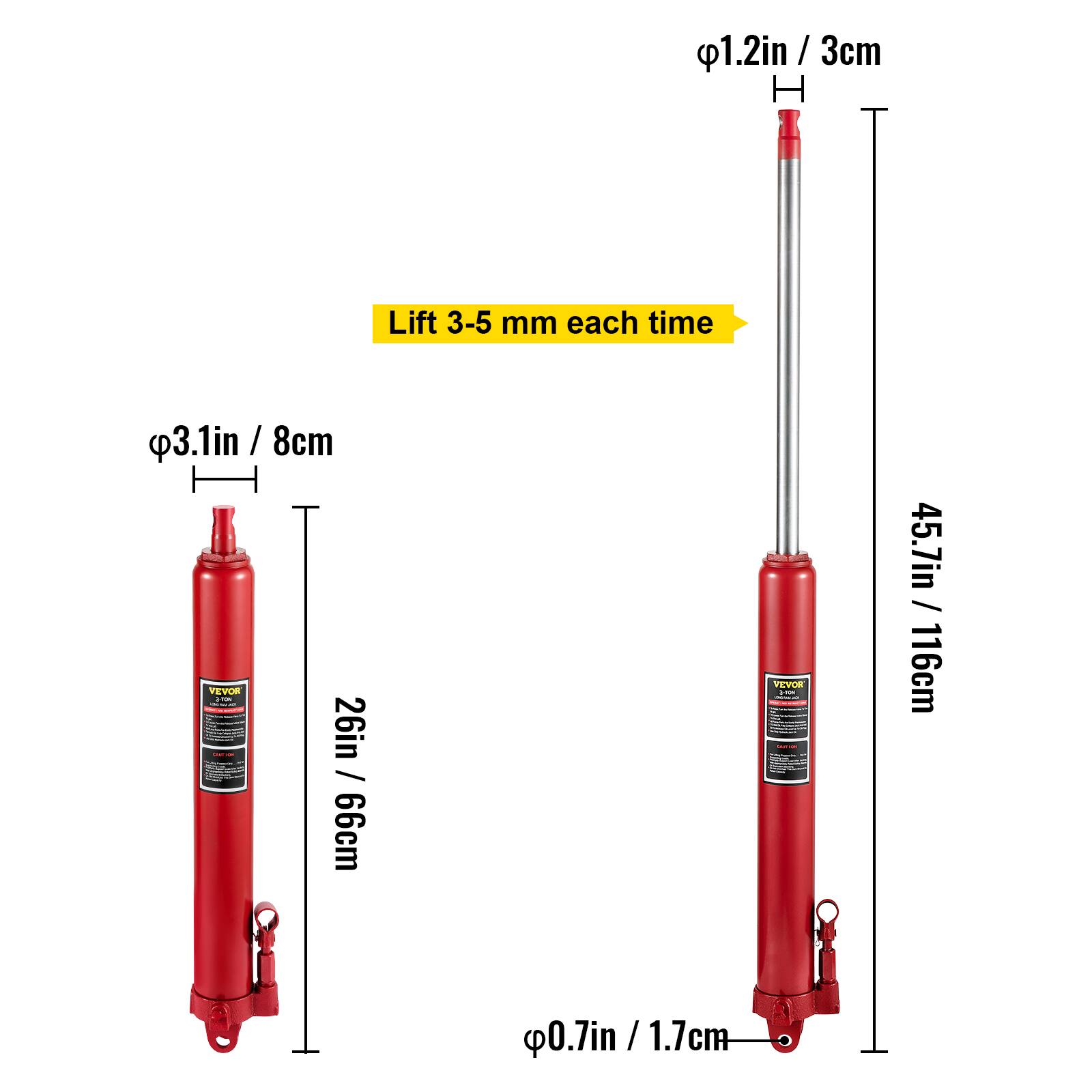 1.2in / 3cm  
3.1in / 8cm  
26in / 66cm  
45.7in / 116cm  
0.7in / 1.7cm  

Lift 3-5 mm each time