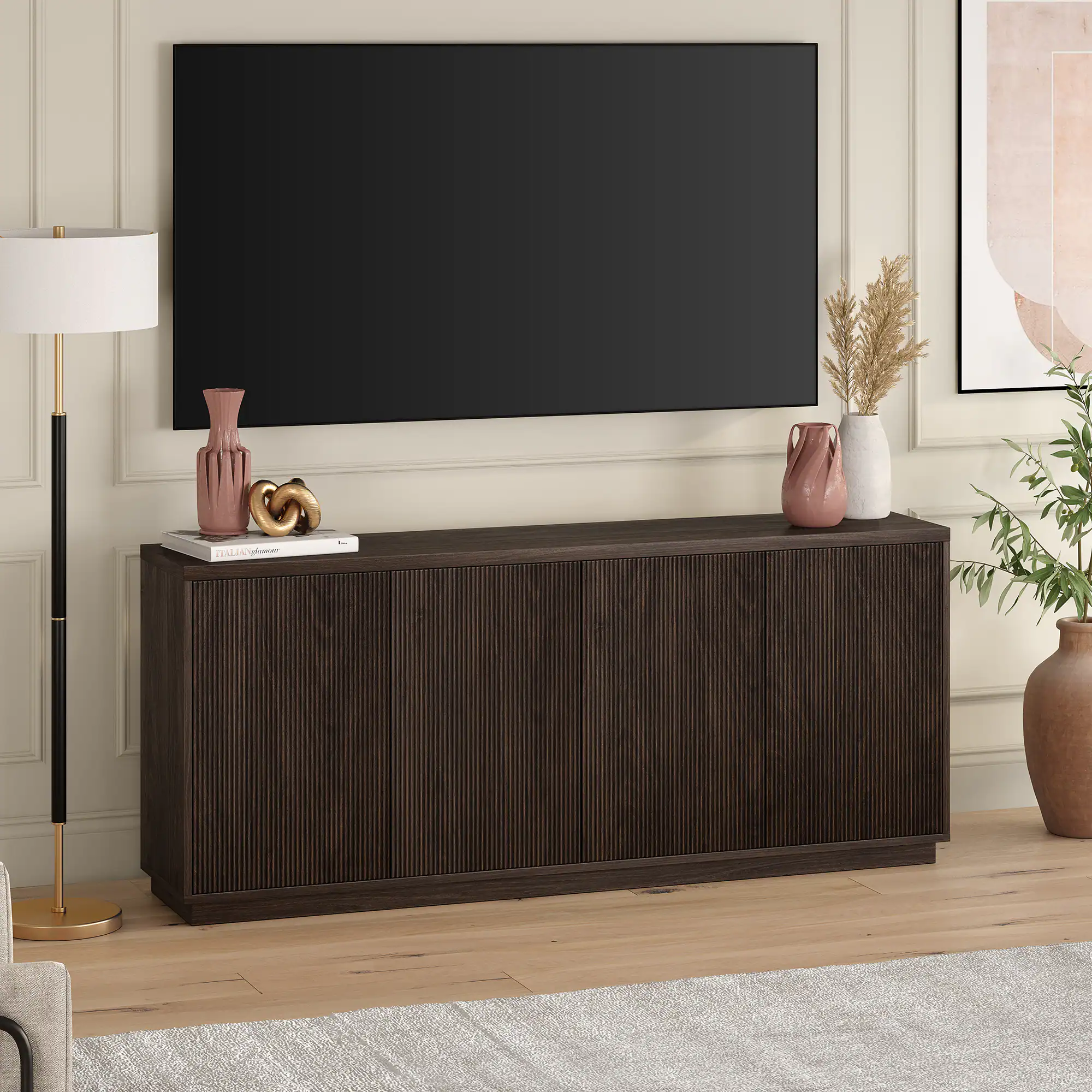 Back. Hudson&Canal - Alston 68" Wide Rectangular Fluted Buffet Table - Brown.