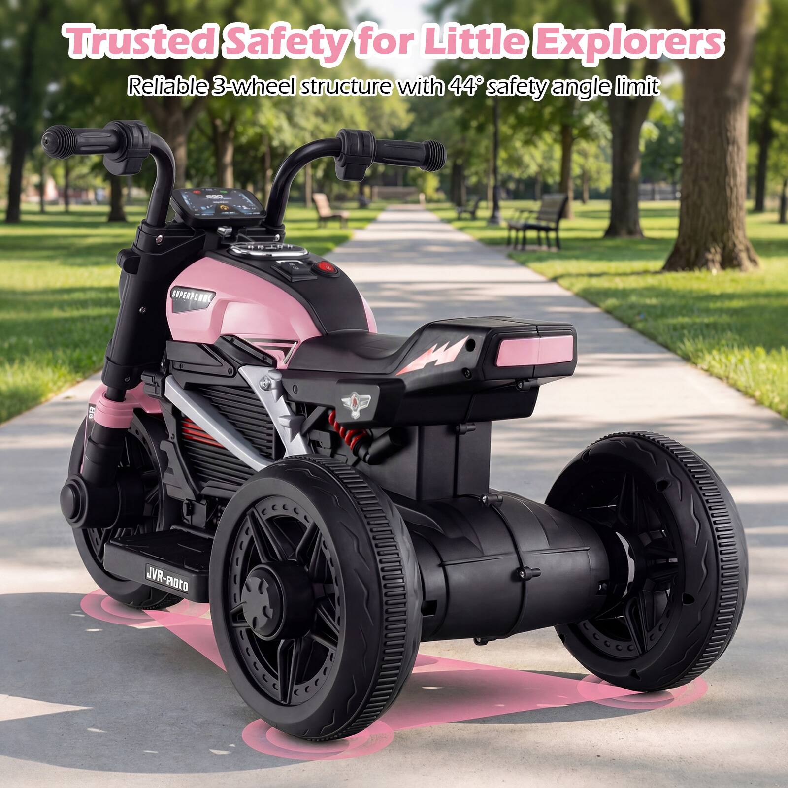 Trusted Safety for Little Explorers  
Reliable 3-wheel structure with 44° safety angle limit