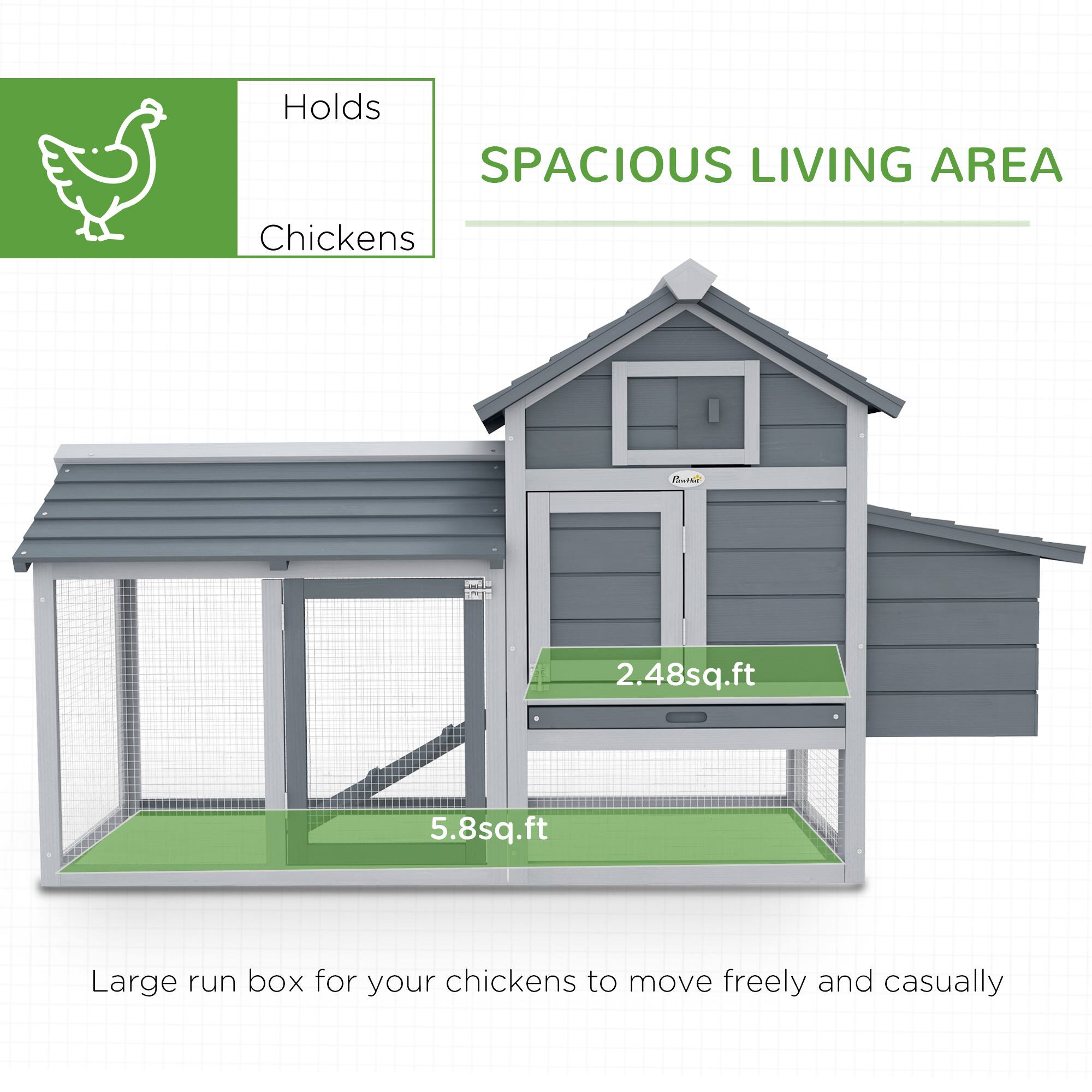 Holds  
Chickens  

SPACIOUS LIVING AREA  

2.48sq.ft  
5.8sq.ft  

Large run box for your chickens to move freely and casually