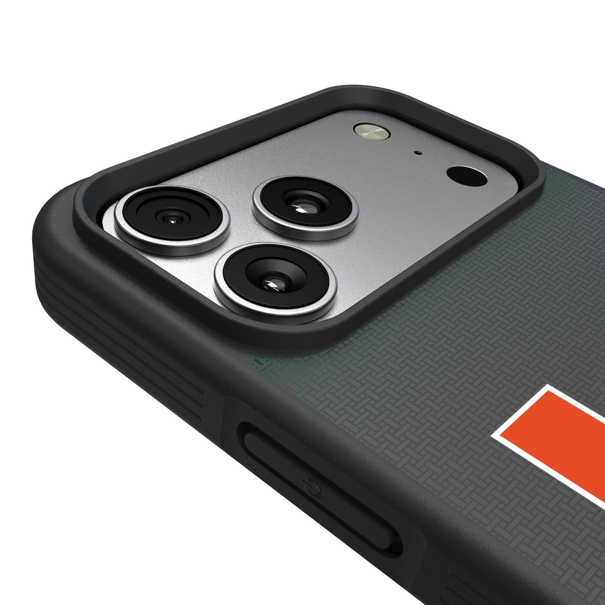 Alt View 2. Keyscaper - Miami Hurricanes Linen Logo iPhone Bump Case - 14 Pro - Black.