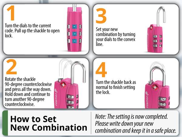 1. Turn the dials to the current code. Pull up the shackle to open lock.
2. Rotate the shackle 90-degree counterclockwise and press all the way down. Hold down and continue to turn another 90-degree counterclockwise.
3. Set your new combination by turning your dials to the convex line.
4. Turn the shackle back as normal to finish setting the lock.

Note: The setting is now completed. Please write down your new combination and keep it in a safe place.