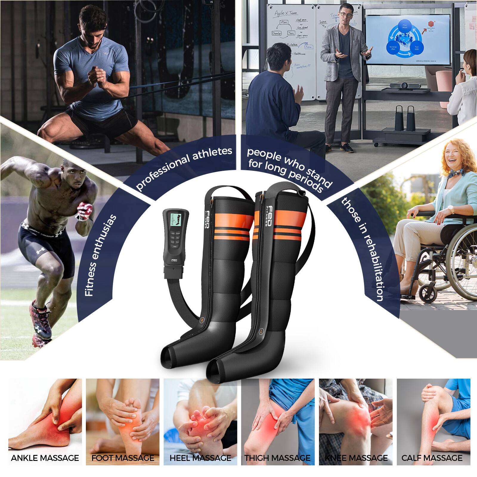 AabexTom Te  b ihe  forr 1 athletes people professional for long who periods stand ..I D FPD those in enthusias Fitness rehabilitation ANKLE MASSAGE FOOT MASSAGE HEEL MASSAGE THIGH MASSAGE KNEE MASSAGE CALF MASSAGE
