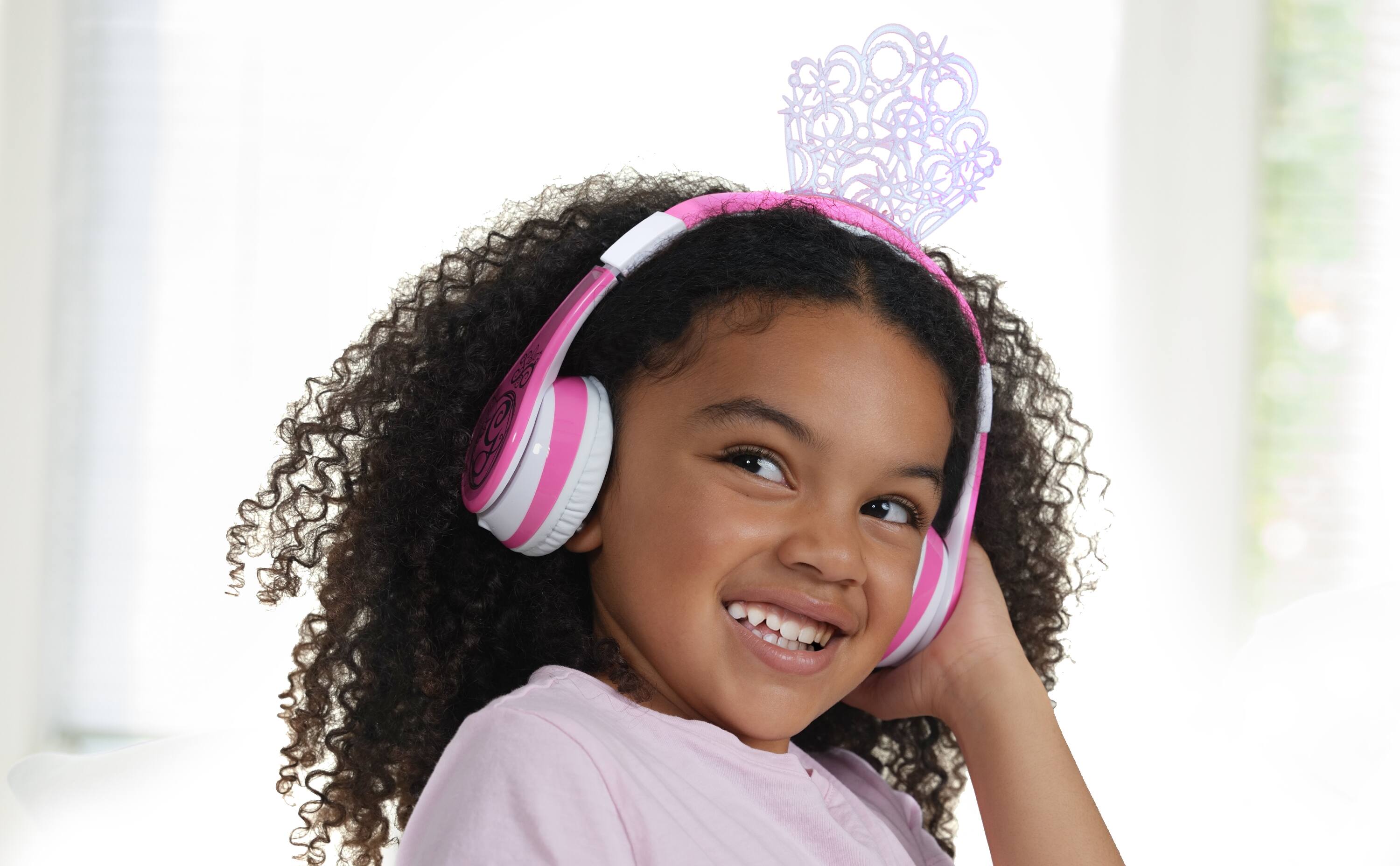 Left. eKids - eKids Wicked Glinda Bluetooth Headphones for Kids, Wireless Headphones for School, Home, or Travel - Multicolor.
