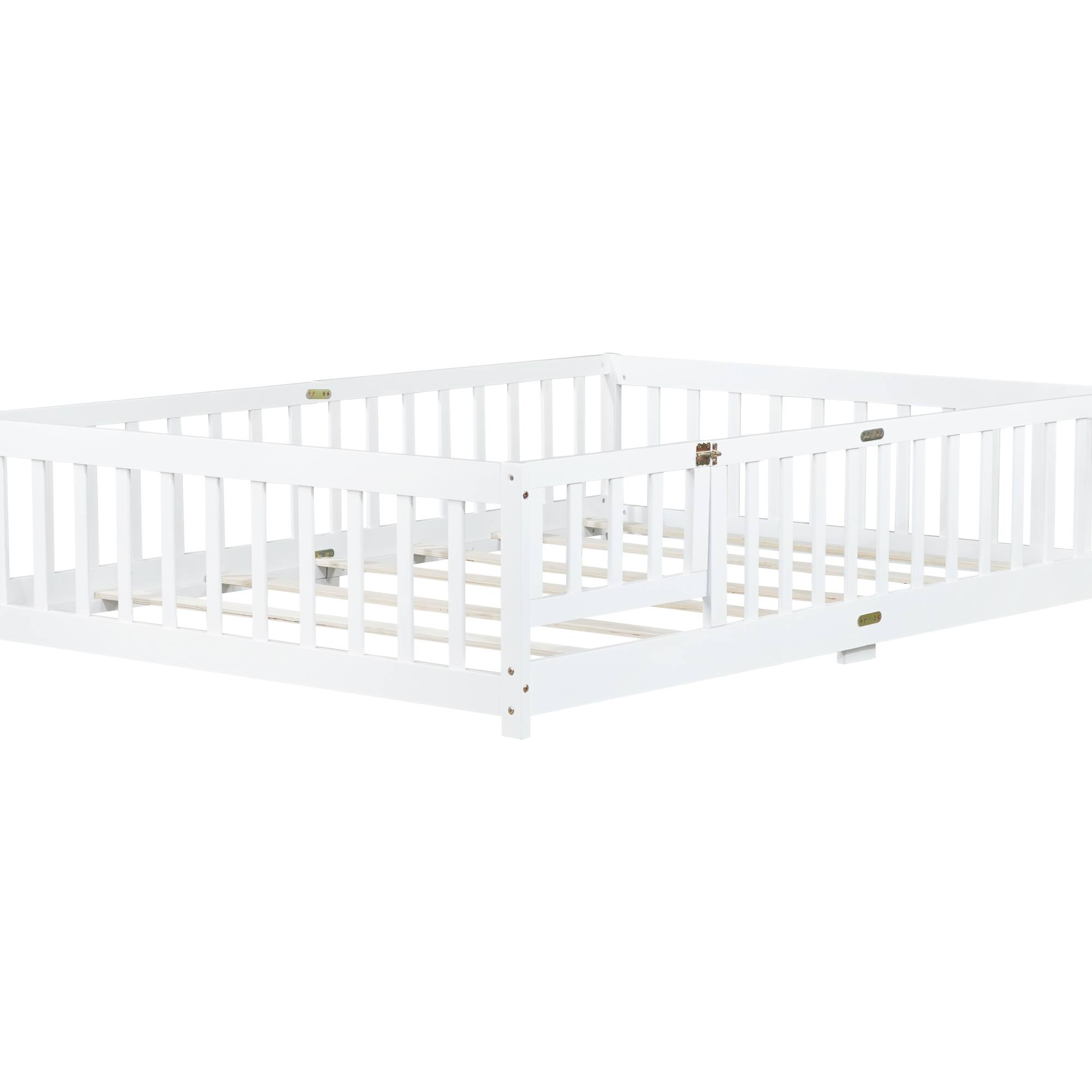 Alt View 10. GOODSILO - Full Size Floor Bed with Safety Fence and Revolving Door for Children, Sturdy Rubber Wood Construction - White.