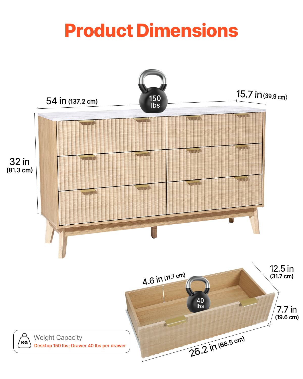 Product Dimensions

- 54 in (137.2 cm)
- 32 in (81.3 cm)
- 15.7 in (39.9 cm)
- 4.6 in (11.7 cm)
- 12.5 in (31.7 cm)
- 7.7 in (19.6 cm)
- 26.2 in (66.5 cm)

Weight Capacity
- Desktop: 150 lbs
- Drawer: 40 lbs per drawer