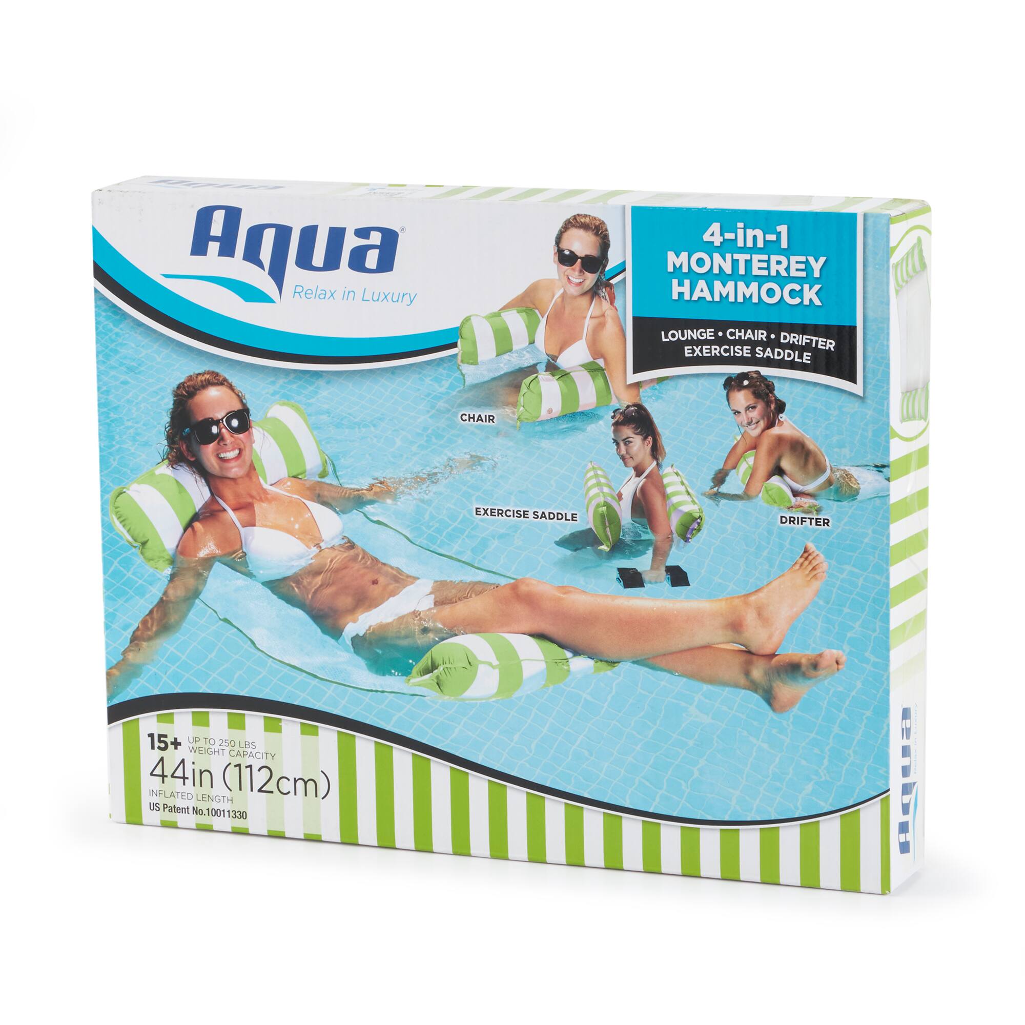 Aqua Relax in Luxury 4-in-1 Monterey Hammock Lounge Chair Drifter Exercise Saddle. 15+ Up to 250 lbs Weight Capacity. 44in (112cm) Inflated Length. US Patent No. 10011330.