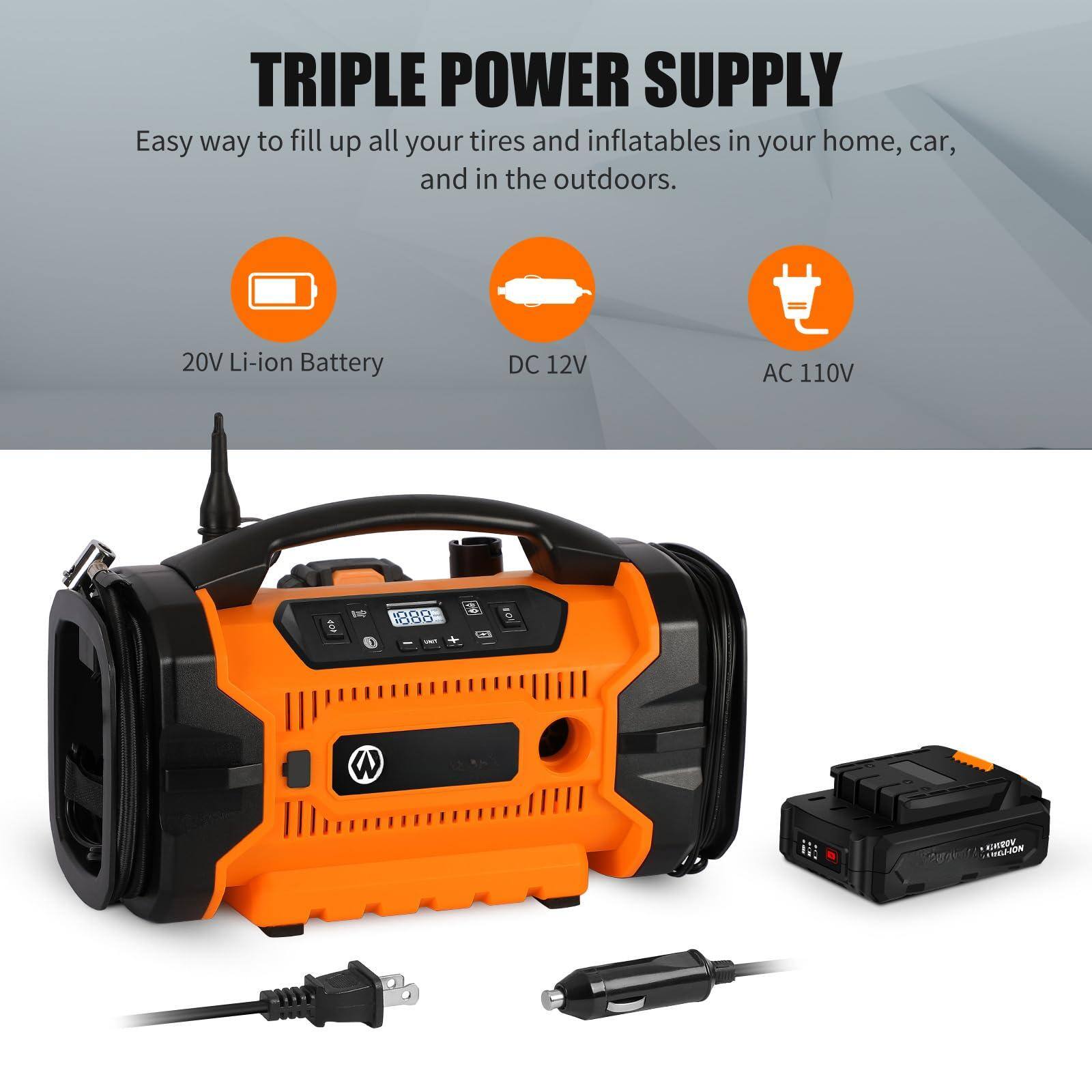 TRIPLE POWER SUPPLY

Easy way to fill up all your tires and inflatables in your home, car, and in the outdoors.

- 20V Li-ion Battery
- DC 12V
- AC 110V