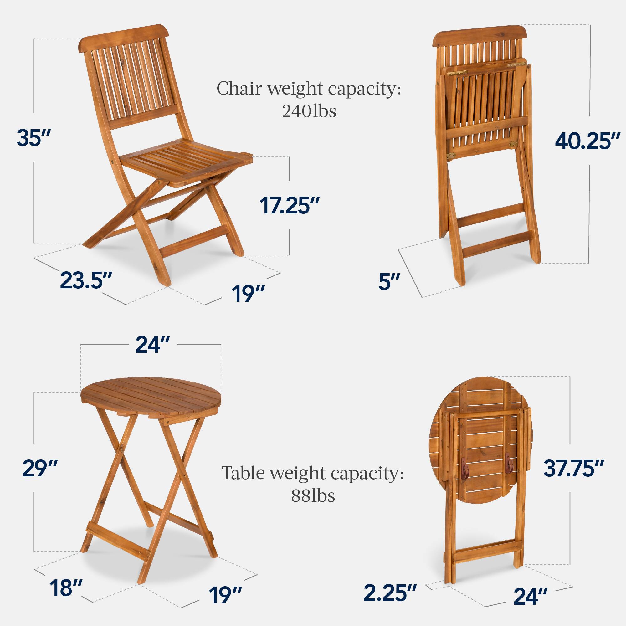 Chair weight capacity: 240lbs  
35"  
40.25"  
17.25"  
23.5"  
19"  
5"  

Table weight capacity: 88lbs  
37.75"  
24"  
29"  
18"  
19"  
2.25"