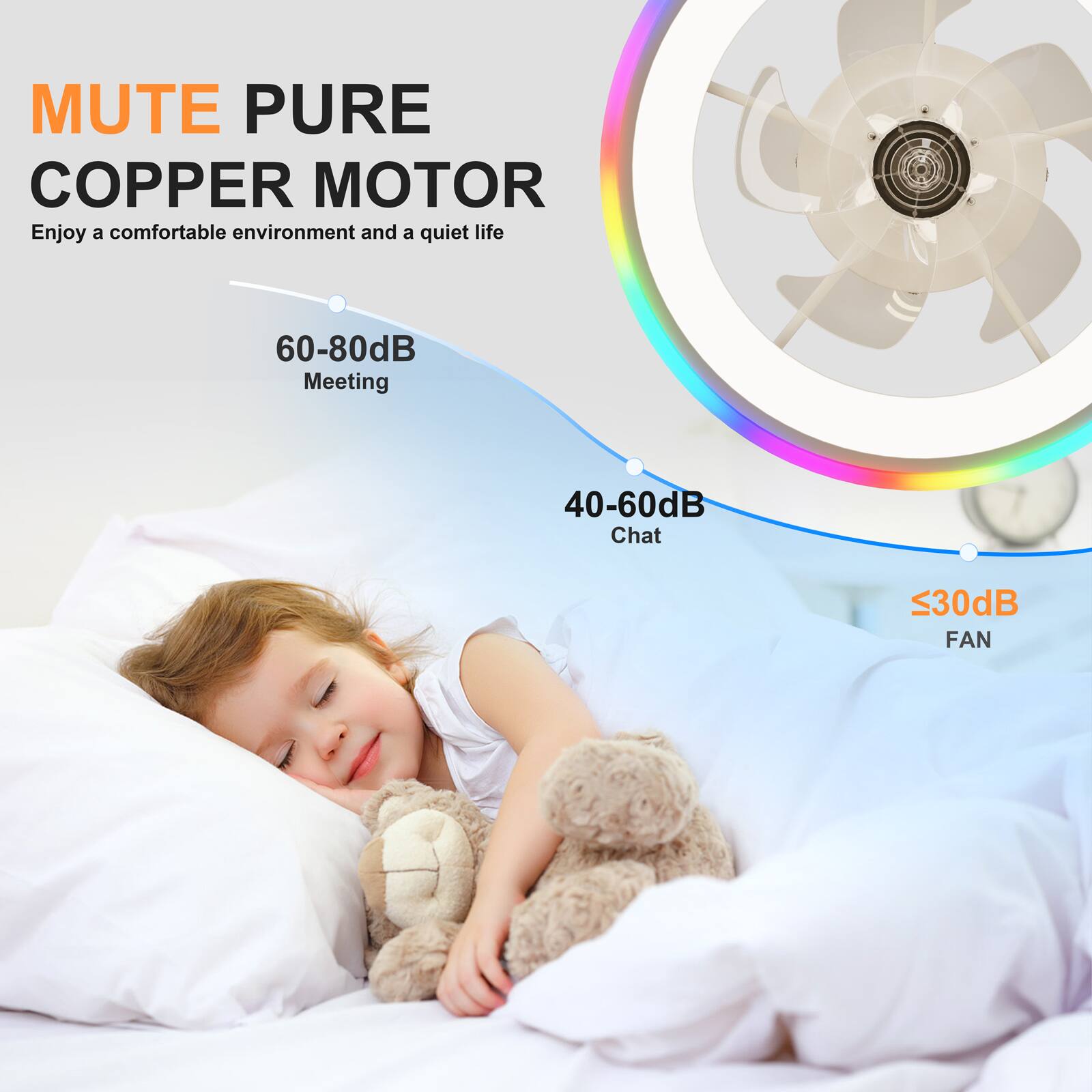 MUTE PURE COPPER MOTOR  
Enjoy a comfortable environment and a quiet life  

60-80dB  
Meeting  

40-60dB  
Chat  

<30dB  
FAN