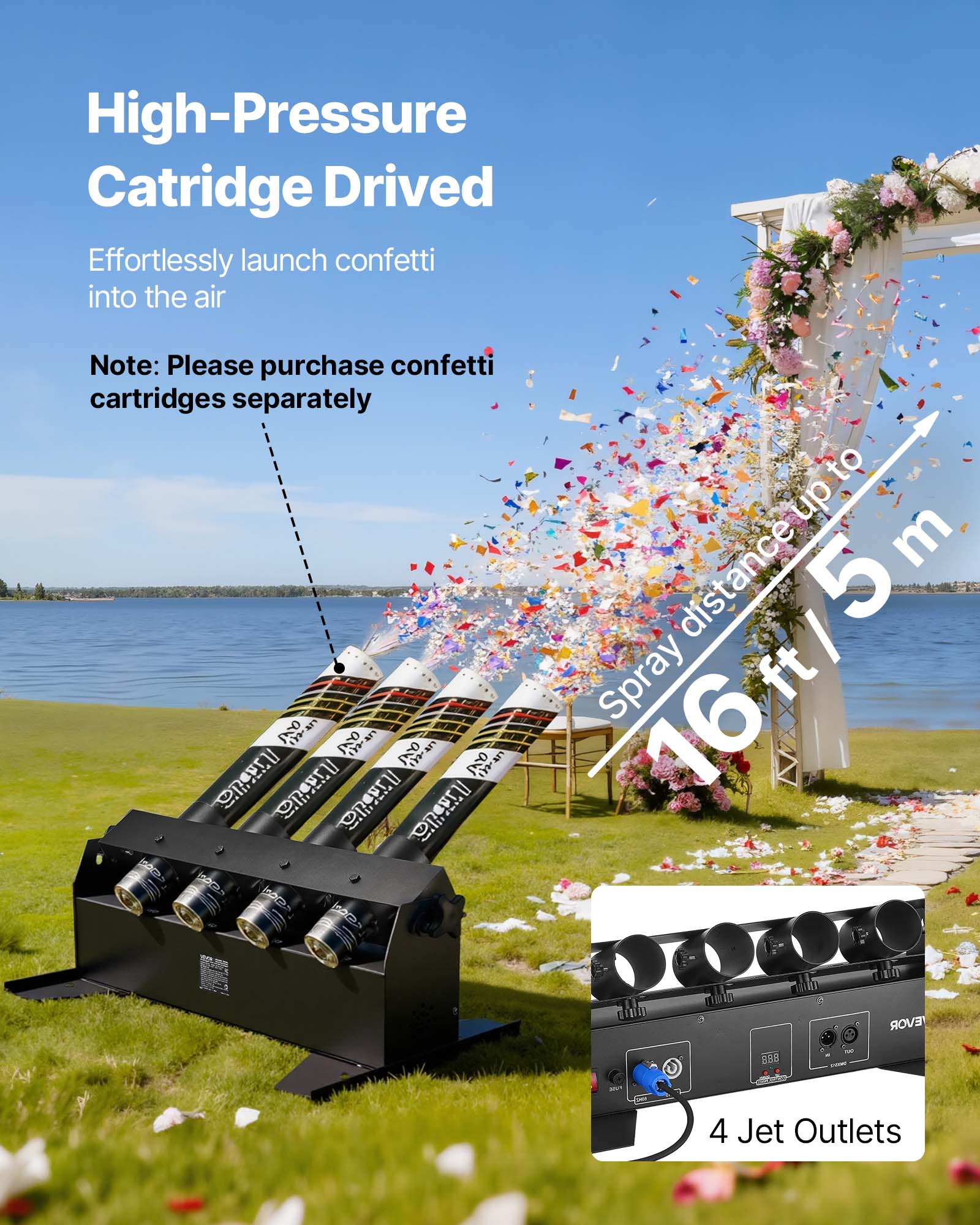 High-Pressure Cartridge Driven  
Effortlessly launch confetti into the air  

Note: Please purchase confetti cartridges separately  

Spray distance up to 16 ft / 5 m  

4 Jet Outlets