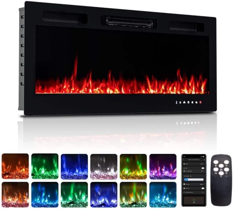 Winado - 42" Electric Fireplace Insert, 1500W Wall-mounted/Built-in Fireplaces with WIFI Control, Remote Control, 12 Color - Black