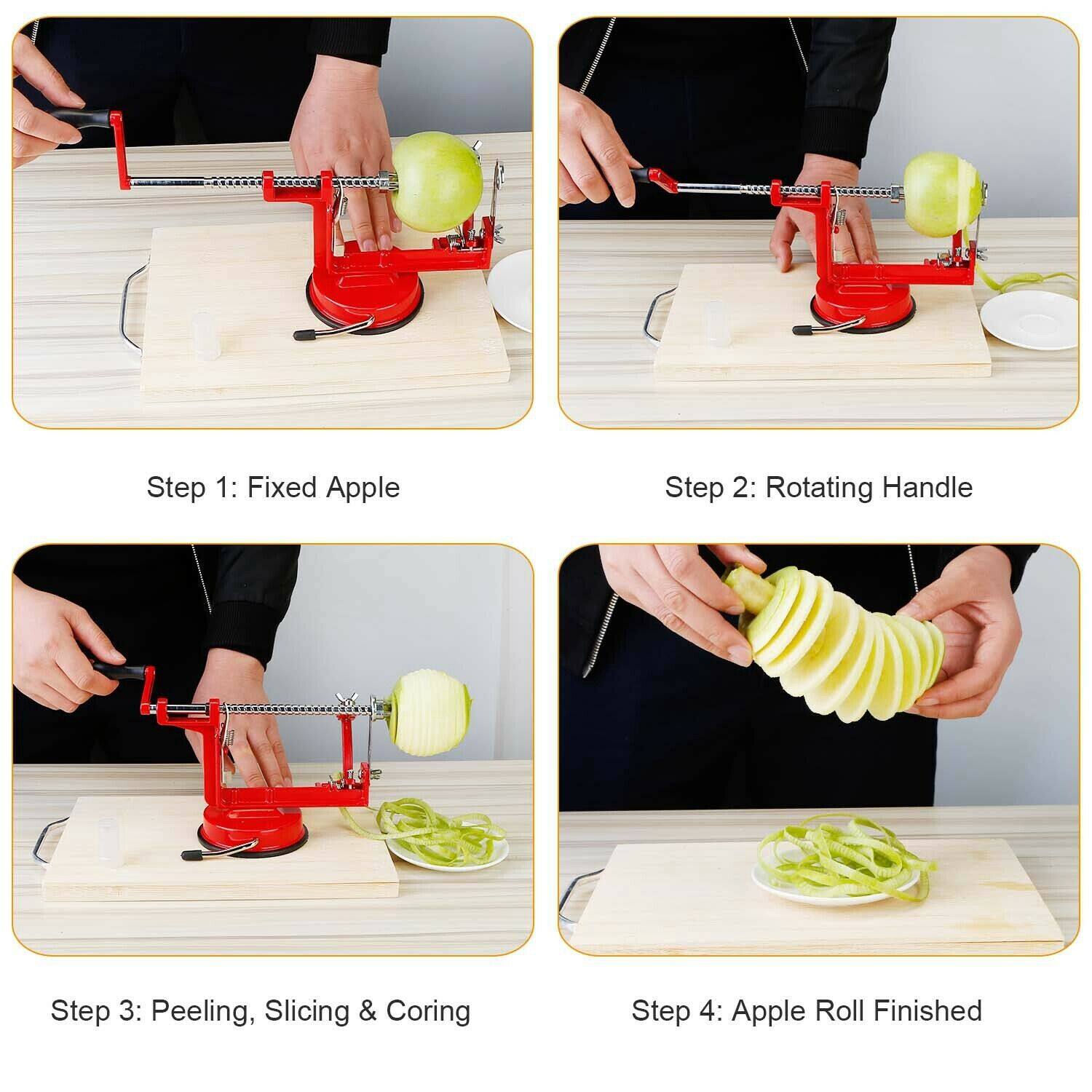 Step 1: Fixed Apple
Step 2: Rotating Handle
Step 3: Peeling, Slicing & Coring
Step 4: Apple Roll Finished