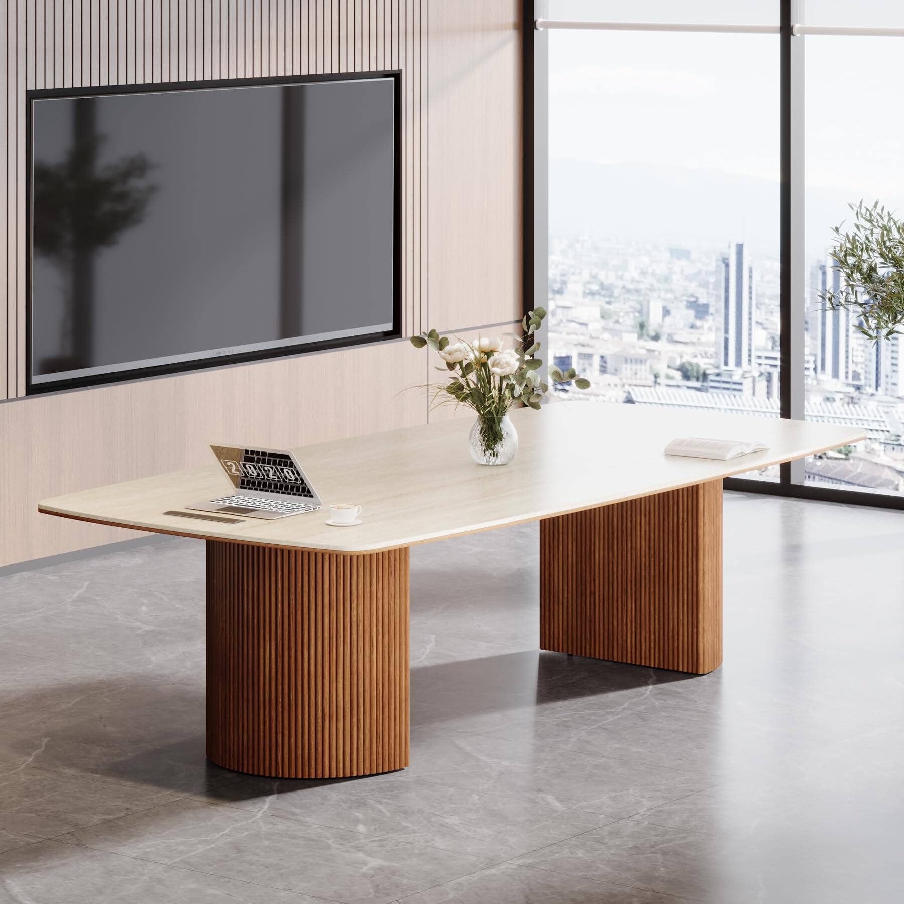 Alt View 5. Tribesigns - 78.7-Inch Rectangular Conference Table with Travertine-Look Top for Office Meeting Rooms - White & Brown.