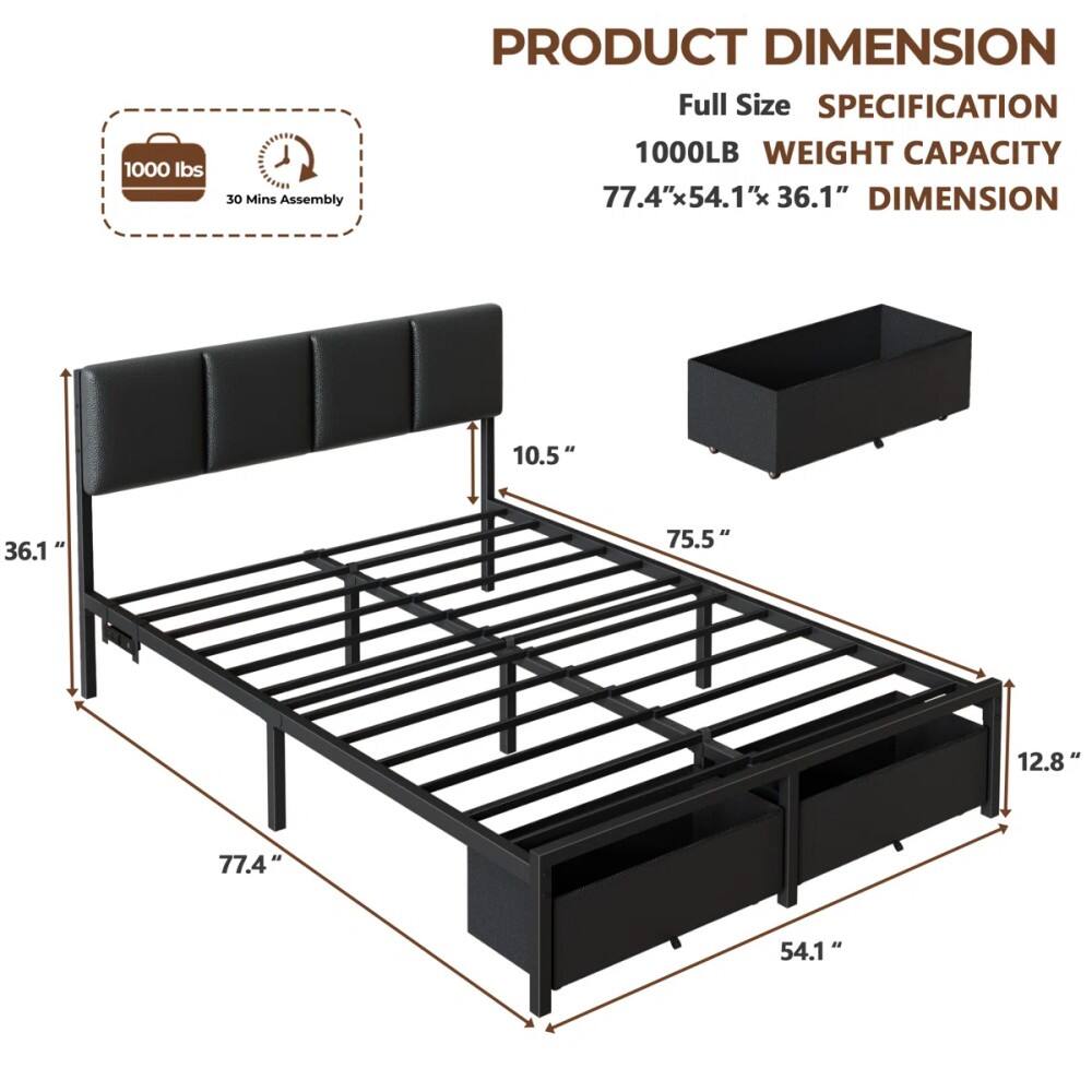 1000 lbs  
30 Mins Assembly  

PRODUCT DIMENSION  
Full Size  
SPECIFICATION  
1000LB WEIGHT CAPACITY  
77.4"x54.1"x36.1"  

DIMENSION  
10.5"  
36.1"  
75.5"  
12.8"  
77.4"  
54.1"