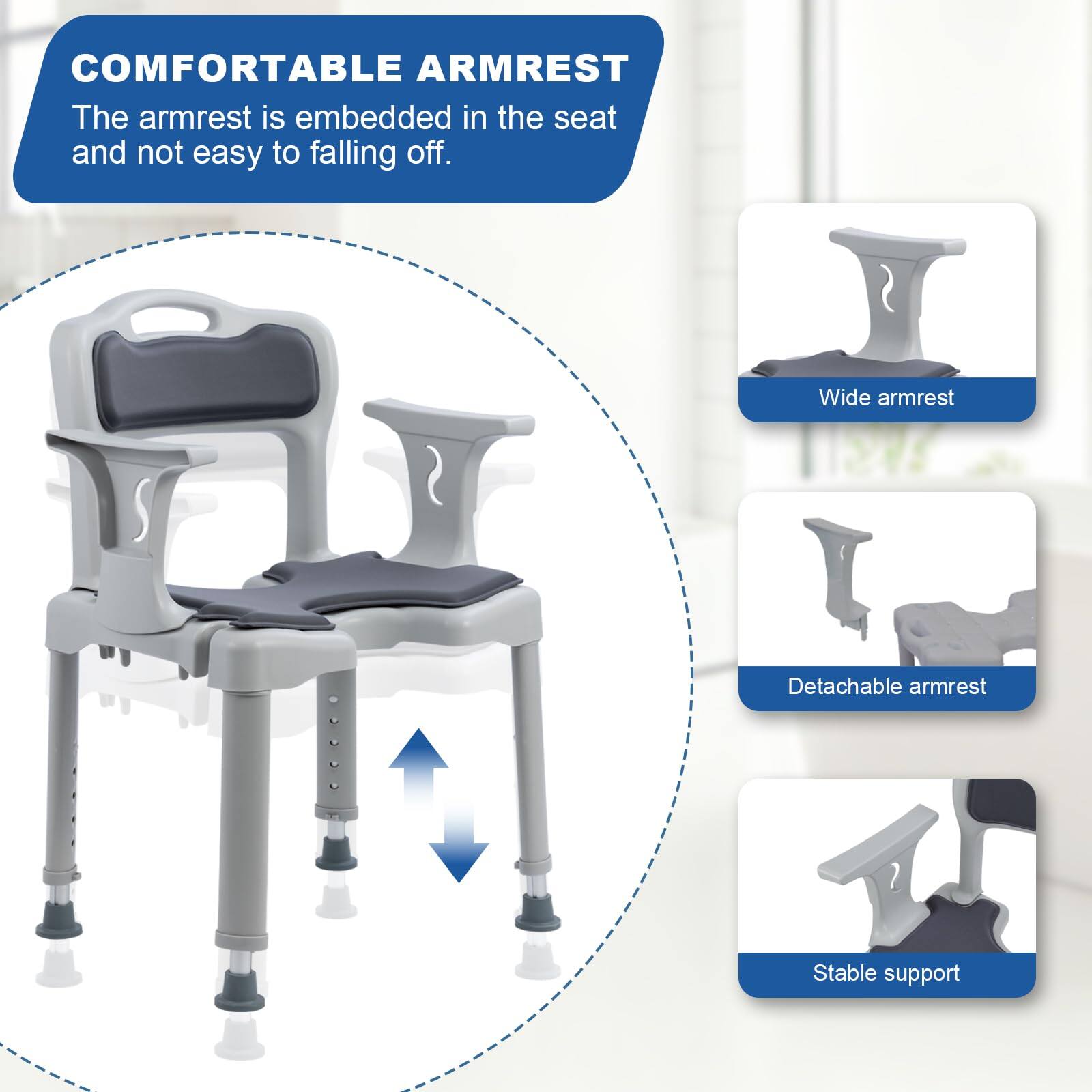 **COMFORTABLE ARMREST**

The armrest is embedded in the seat and not easy to falling off.

- Wide armrest
- Detachable armrest
- Stable support