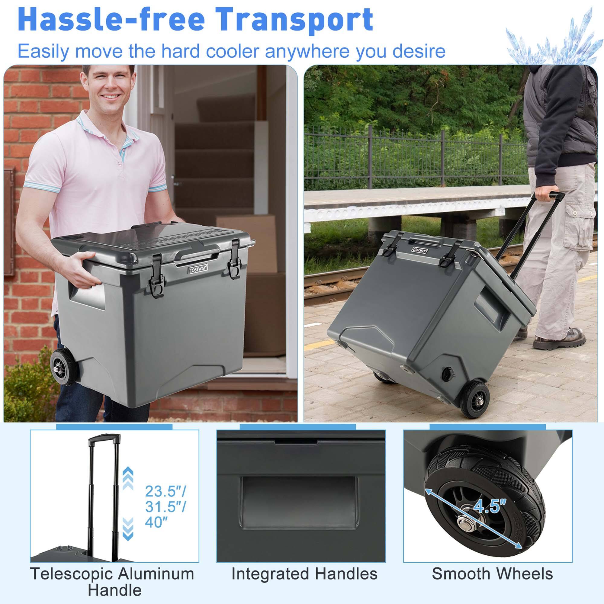 Hassle-free Transport  
Easily move the hard cooler anywhere you desire

- Telescopic Aluminum Handle: 23.5" / 31.5" / 40"
- Integrated Handles
- Smooth Wheels: 4.5"