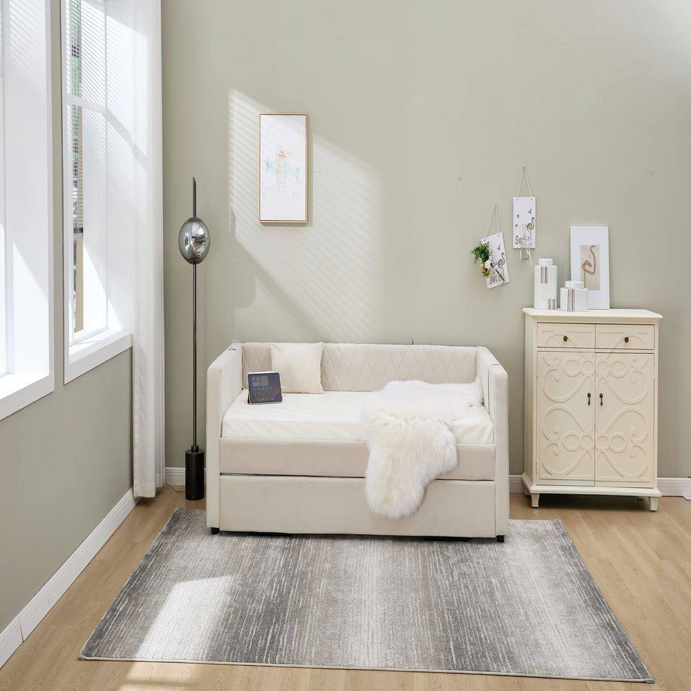 Alt View 6. Kadyn - Velvet Daybed with Sturdy Wood Frame, Modern Diamond Grid Pull-Out Design for Bedroom Living Room - Beige.