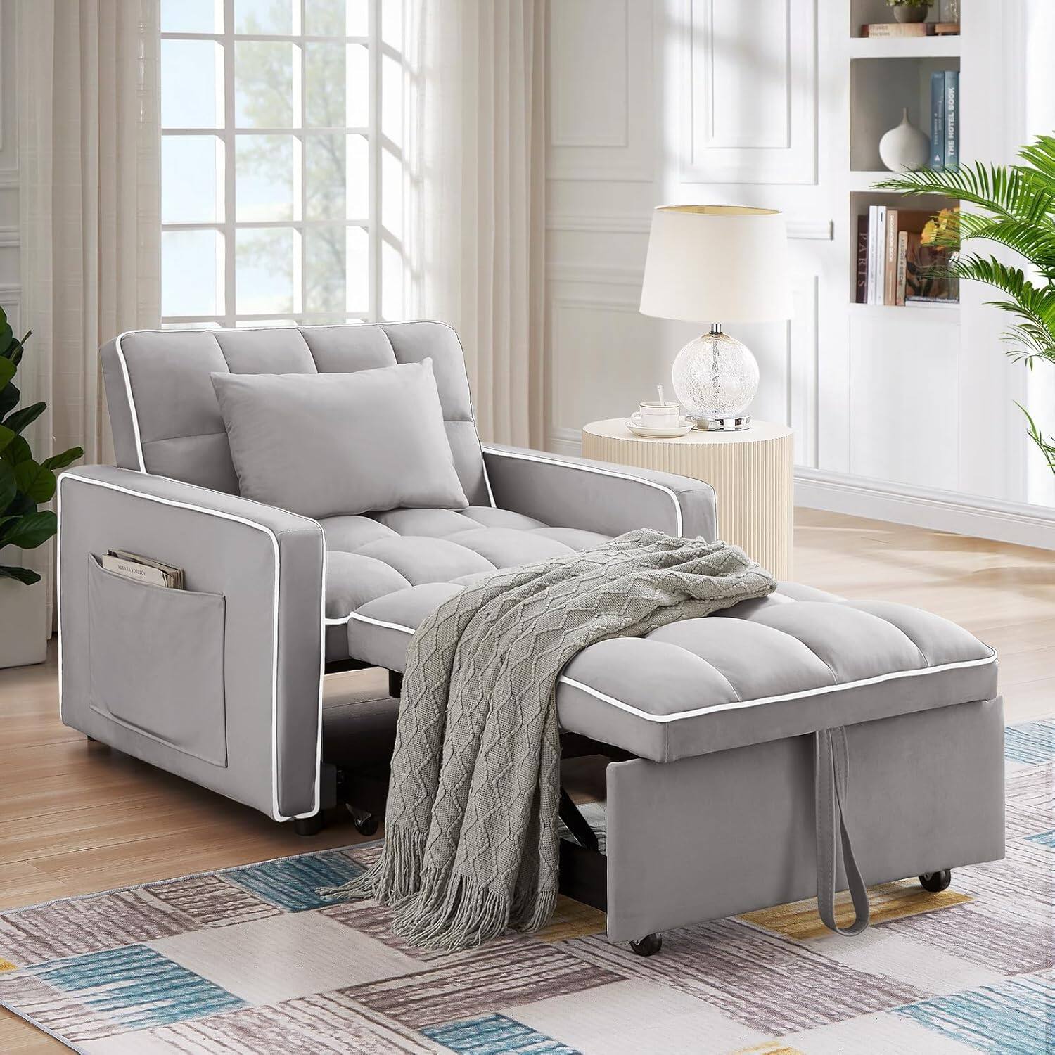 Alt View 7. Trinkets Crazed - Convertible Sleeper Chair Bed 3 in 1 Modern Velvet Pull Out Sofa Bed - Gray.