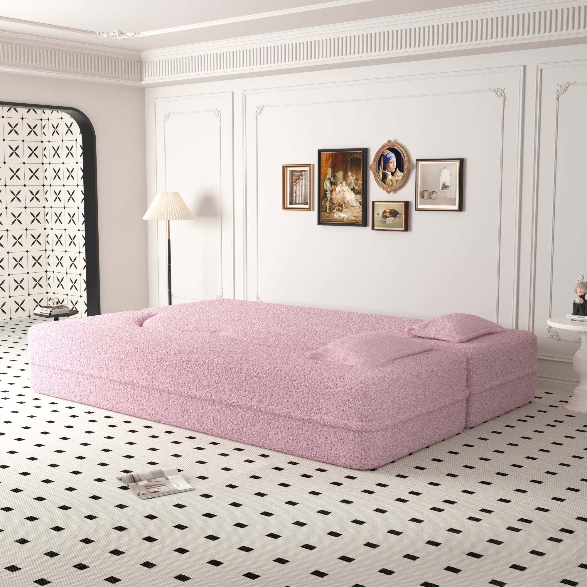 Back. GOODSILO - Convertible Floor Sofa Bed with 2 Pillows, Full Size Folding Mattress for Living Room and Guest Spaces - Pink.