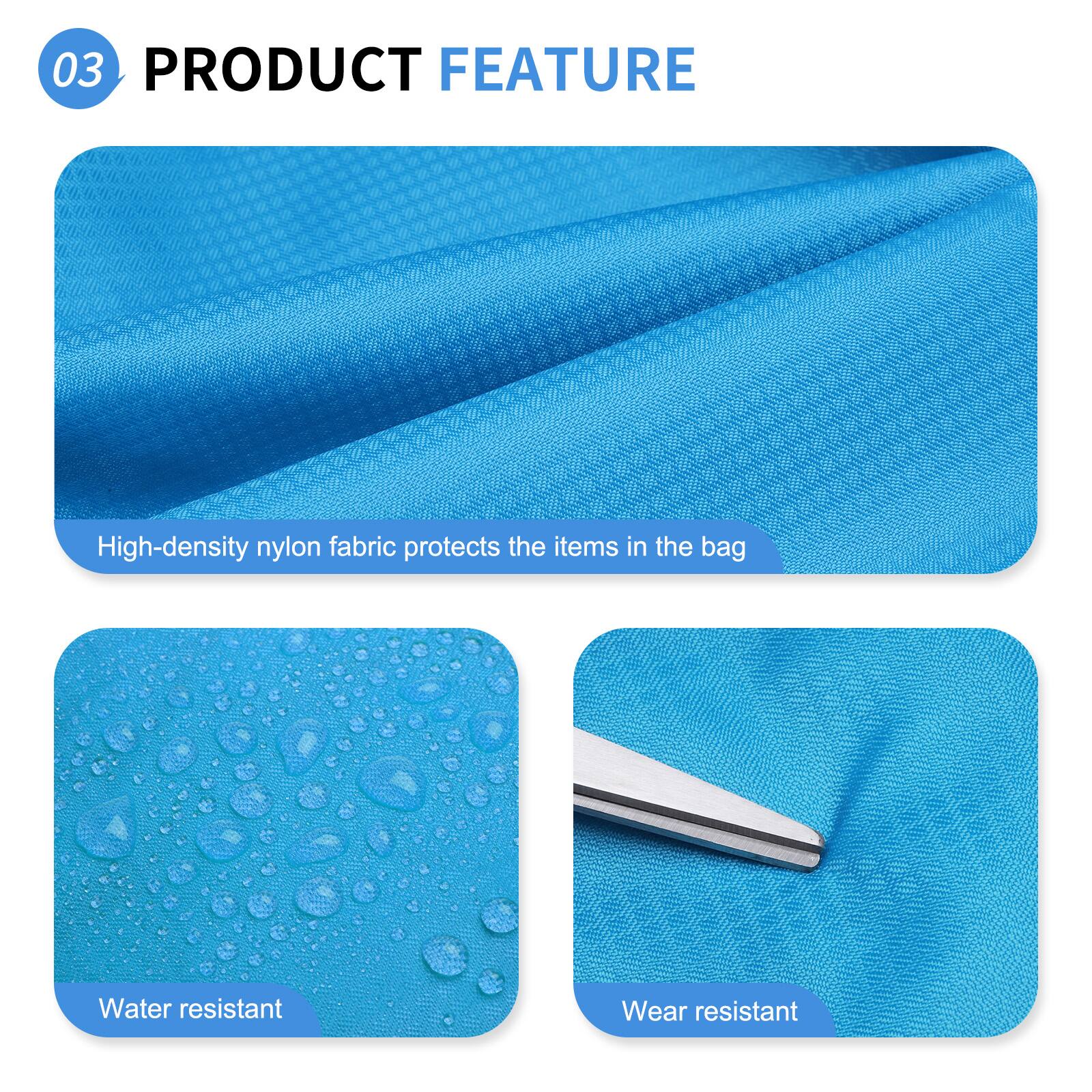 03 PRODUCT FEATURE

- High-density nylon fabric protects the items in the bag
- Water resistant
- Wear resistant