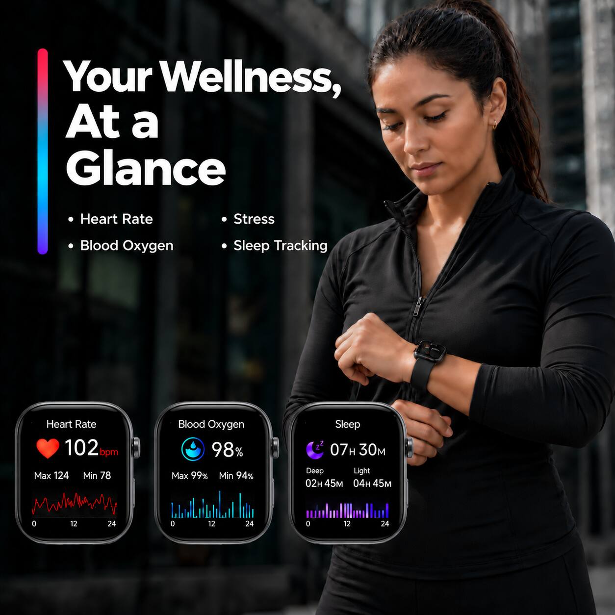 Your Wellness, At a Glance

Heart Rate
Stress
Blood Oxygen
Sleep Tracking

Heart Rate 102 bpm Max 124 Min 78
Blood Oxygen 98% Max 99% Min 94%
Sleep 07H 30M Deep 02H 45M Light 04H 45M

0 12 24
0 12 24
0 12 24