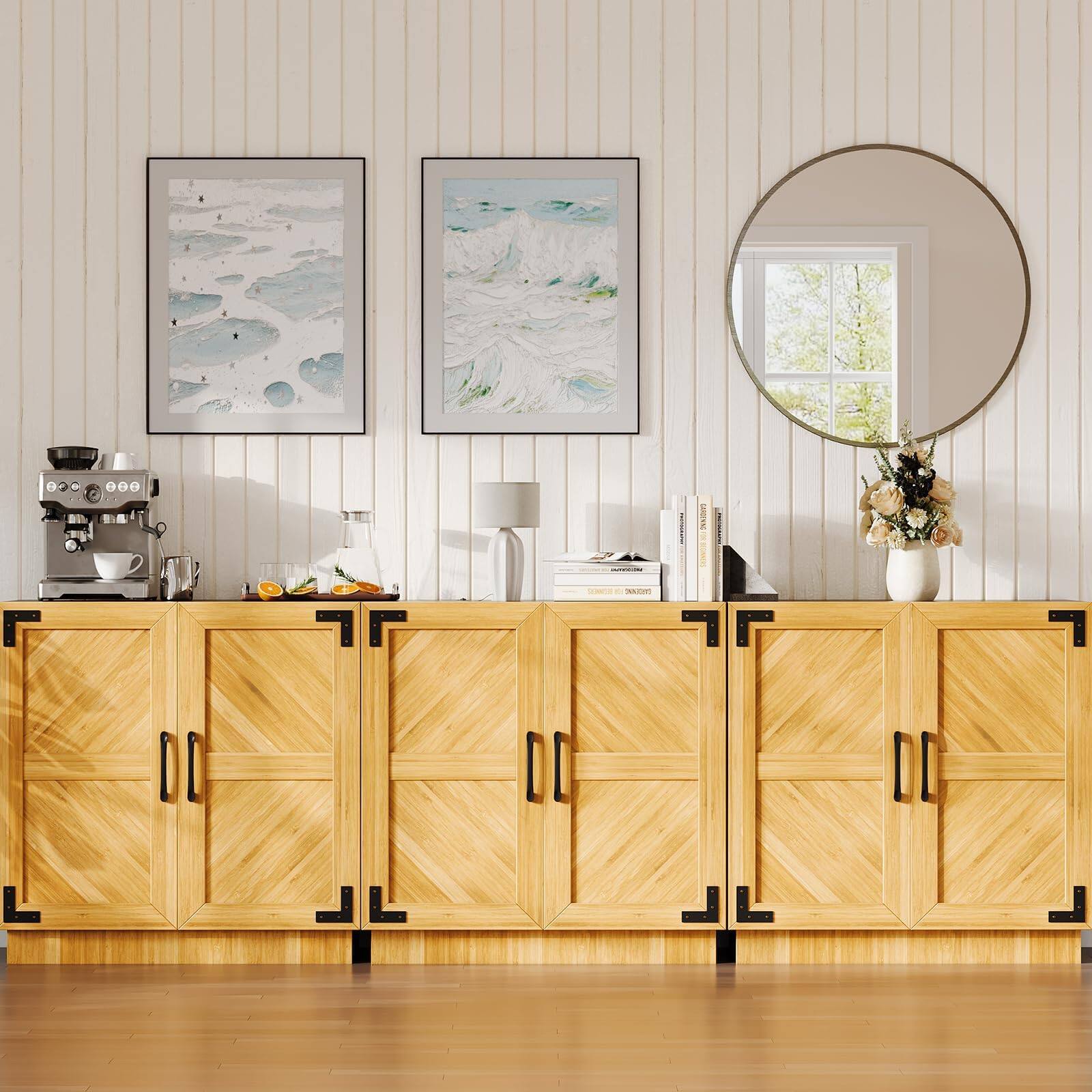 Alt View 4. Qeetex - 31.5in Farmhouse Sideboard Buffet Cabinet with 2 Doors & Adjustable Shelves - Natural.