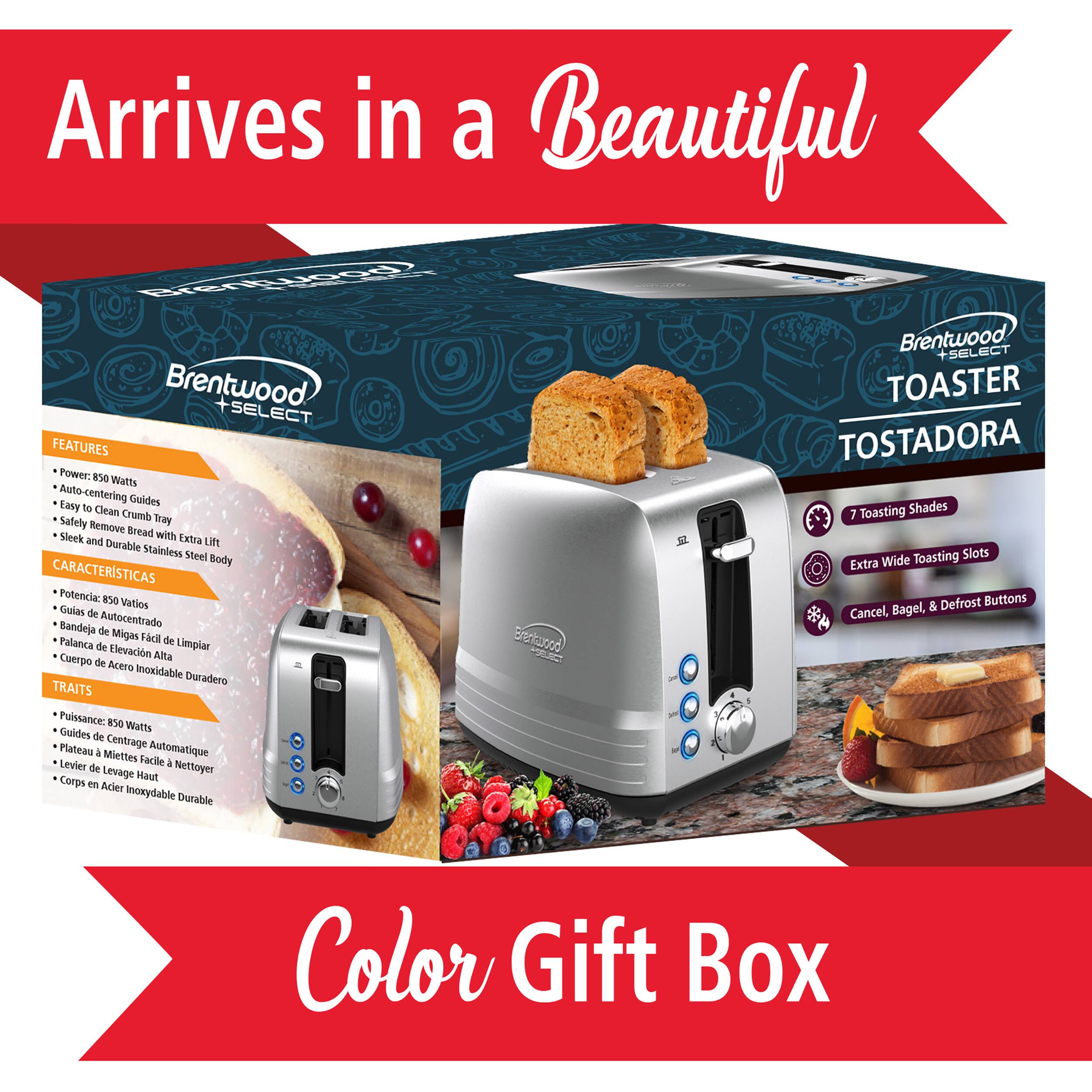 Arrives in a Beautiful Color Gift Box Brentwood +5Elect Brentwood TOASTER +SELECT FEATURES TOSTADORA Flower: 850 Watts Auto-centering Guides Easy to Clean Toasting Shades Crumb Tray 7 Safety Remove Sleek Bread with and Extra Durable Stainless Steel Toasting Slots Body Extra Wide Characteristics: Potencia: 850 Vatios Defrost Buttons Gulas Bagel, & de Autocentrado Cancel, Bandeja de Migas Palanca Fcl de Erentwood de Elevacin Limpiar Cuerpo de Nita - Acro Inoxidable Duradero Traits: Pulverisateur: 850 Watts Guides de Flateau Centrage Automatique A Miettes Levier Tacile I de Levage Maut Nettoyer Corps en Aciet Inoxydable Durable Color Gift Box