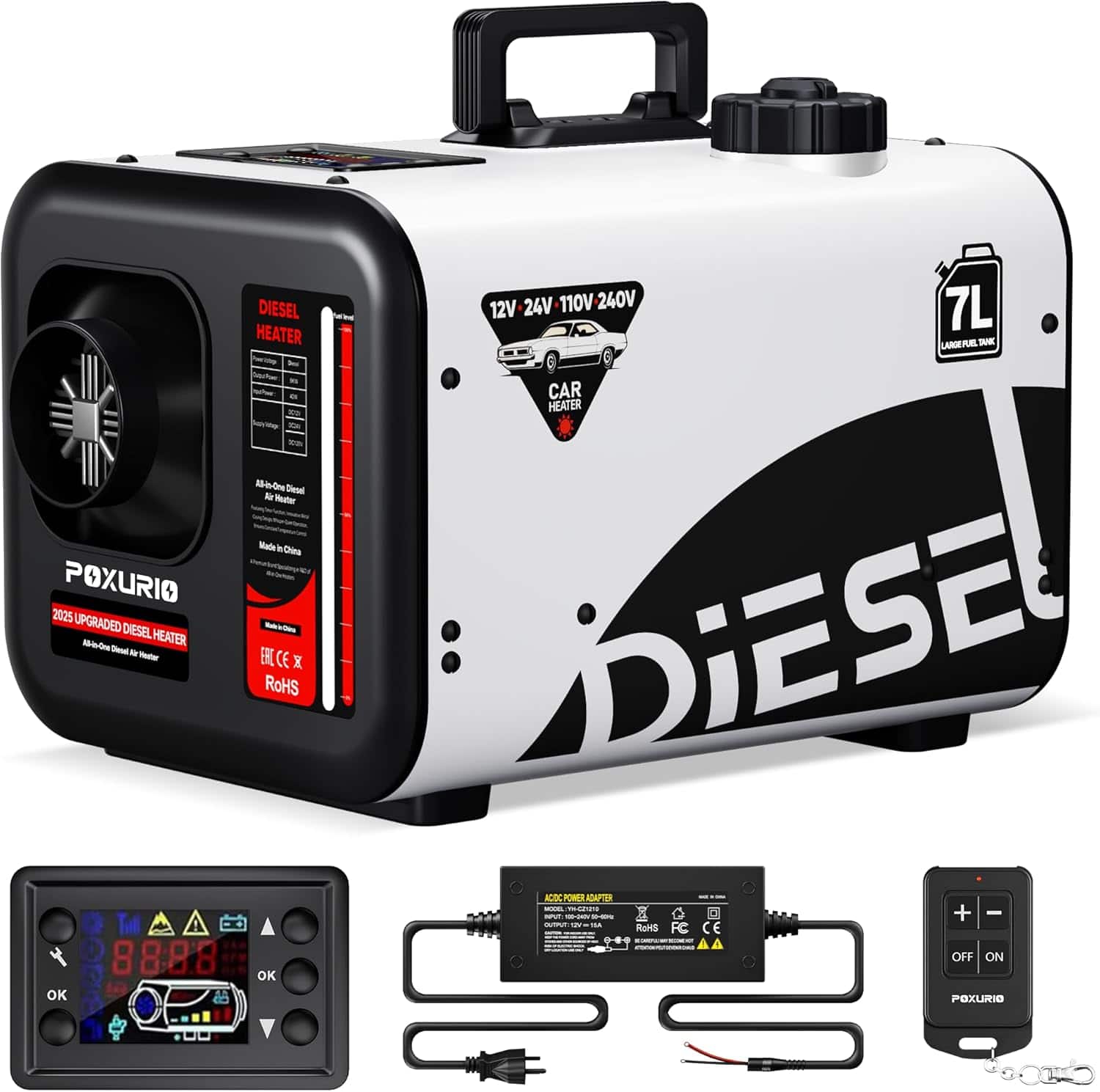 POXURIO - 8KW Portable Diesel Heater, 7L 240V/110V/12V/24V All-in-One Diesel Air Heater with LCD Screen, Remote Control - White