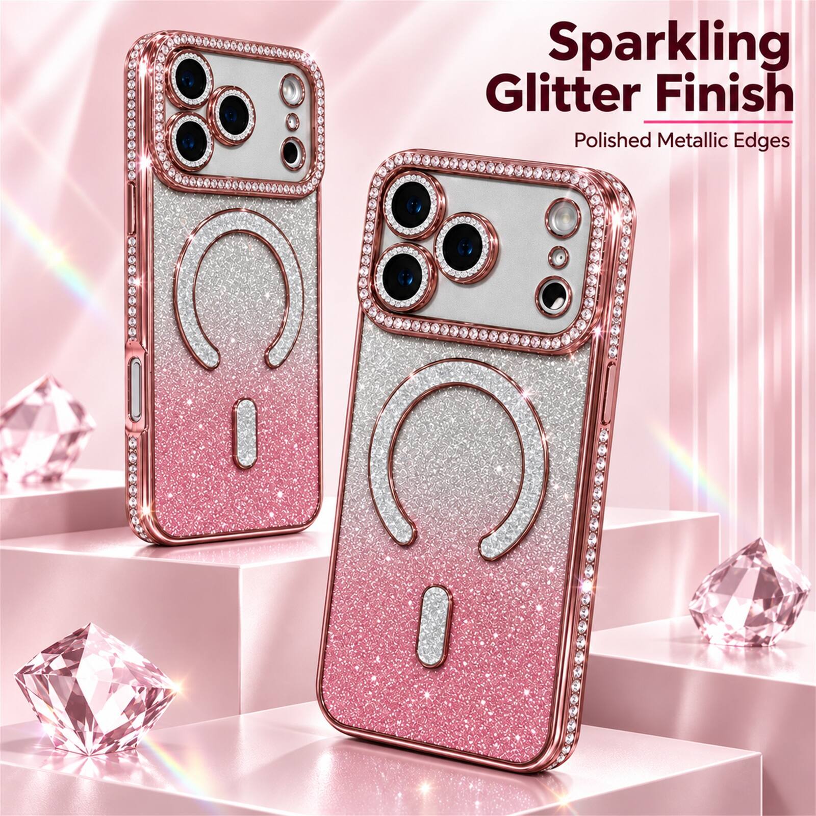 Sparkling Glitter Finish  
Polished Metallic Edges