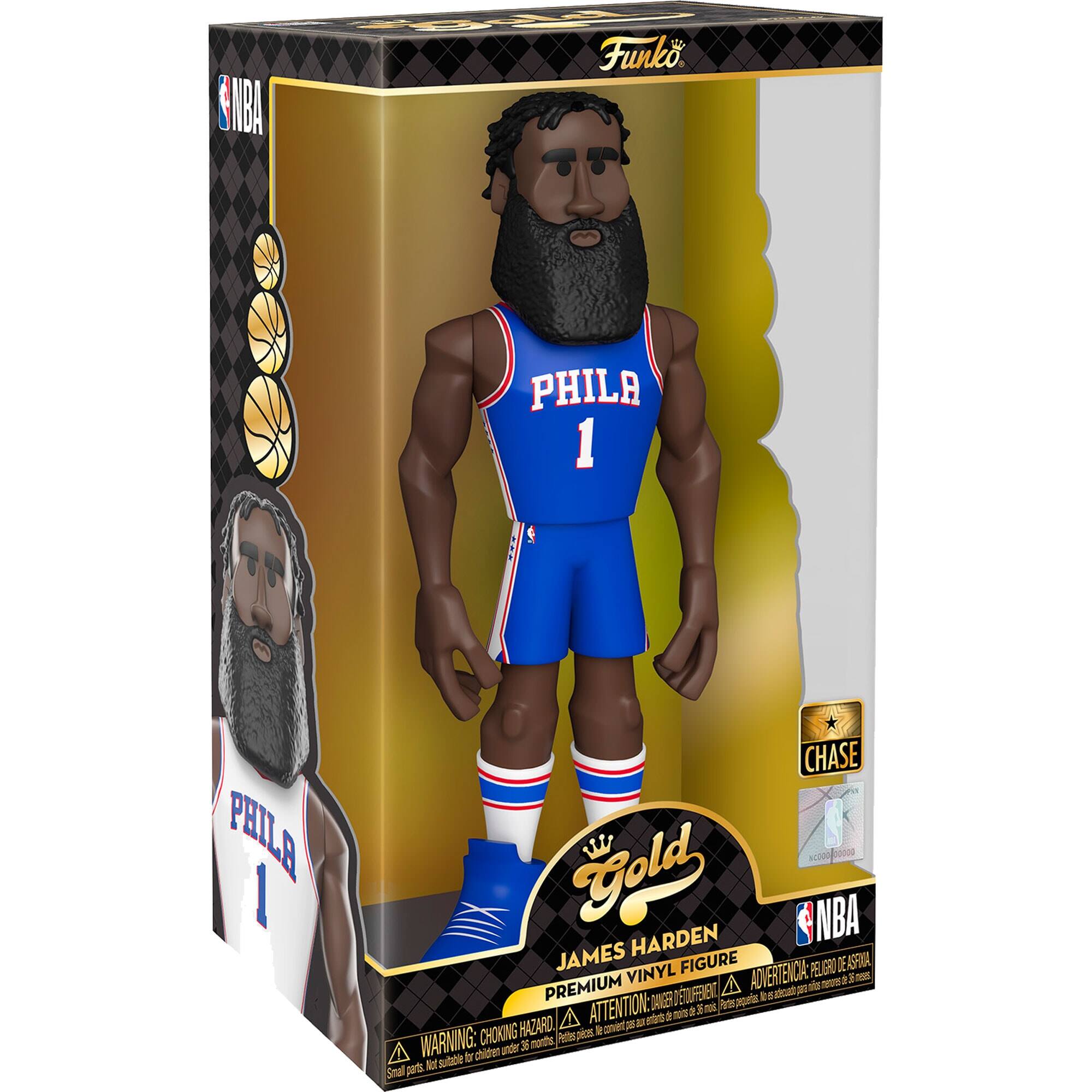 MBA JA Funko.  
PHILA 1 PHILA I CHASE  
NL200 bonoo Gold HARDEN NBA JAMES FIGURE PELGRO F DE ASFO VINYL A AD  
ADVERTENCIA: TU U d D PREMIUM E an ais DETUFEEI & i pc ATTENTION: AER B 5 A ypele A aire a ms HAZARD cner 2 a CHOKING p l WARNING: morths Retespio under A Not subbie b children Smal pt  

Funko  
NBA  
PHILA 1  
CHASE  
Gold  
JAMES HARDEN  
PREMIUM VINYL FIGURE  
ADVERTENCIA: PELO DE ASPIRA  
WARNING: CHOKING HAZARD - Small parts. Not suitable for children under 3 years.  
ATTENTION: RISQUE DE SOUFFOCATION - Petits éléments. Ne convient pas aux enfants de moins de 3 ans.