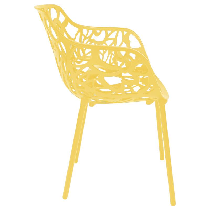 Back. LeisureMod - Devon Stackable Aluminum Dining Chair with Floral Cutout Design Side Chair for Indoor Outdoor - Yellow.