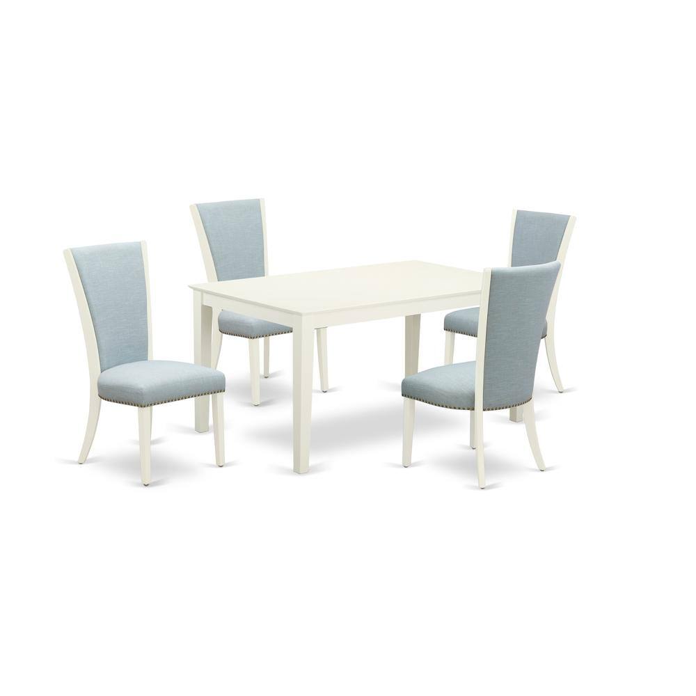 Left. East West Furniture - East-West Furniture CAVE5-LWH-15 - A wooden dining table set of 4 amazing indoor dining chairs with Linen Fabric Baby - Linen White.