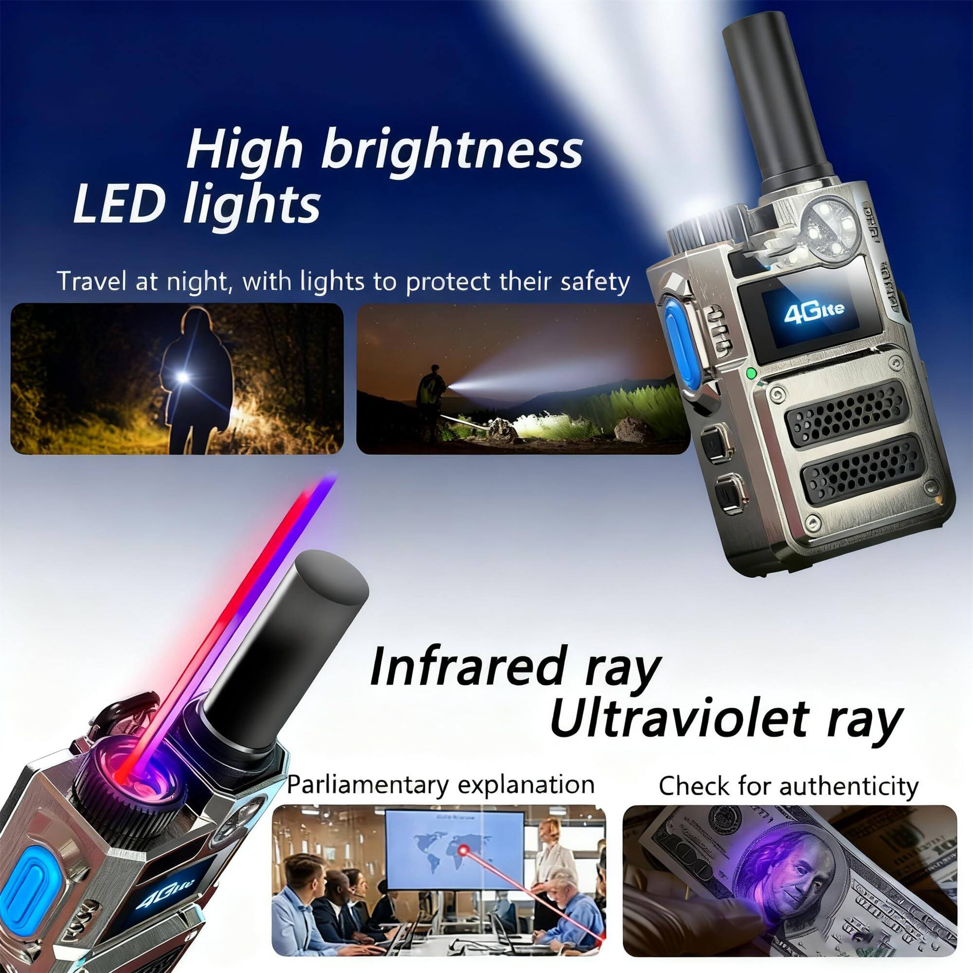 High brightness LED lights  
Travel at night, with lights to protect their safety  

Infrared ray  
Ultraviolet ray  

Parliamentary explanation  
Check for authenticity
