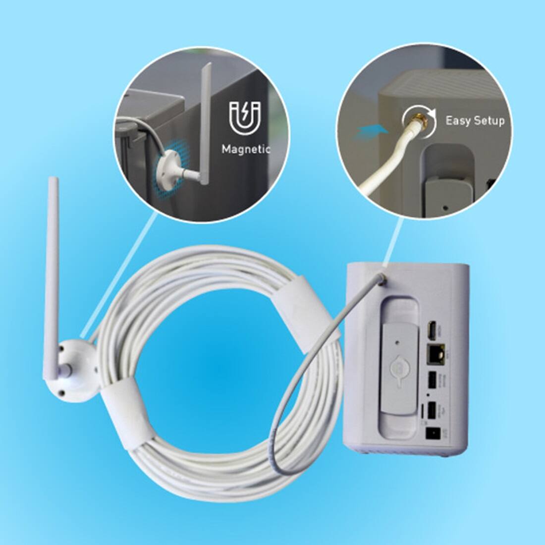 The image features a white device with a long white cord, which is connected to a wall outlet. The device is likely a router or a modem, as it is described as having a magnet and an easy setup. The magnet is used to secure the device to the wall, while the easy setup suggests that the device is user-friendly and easy to install.