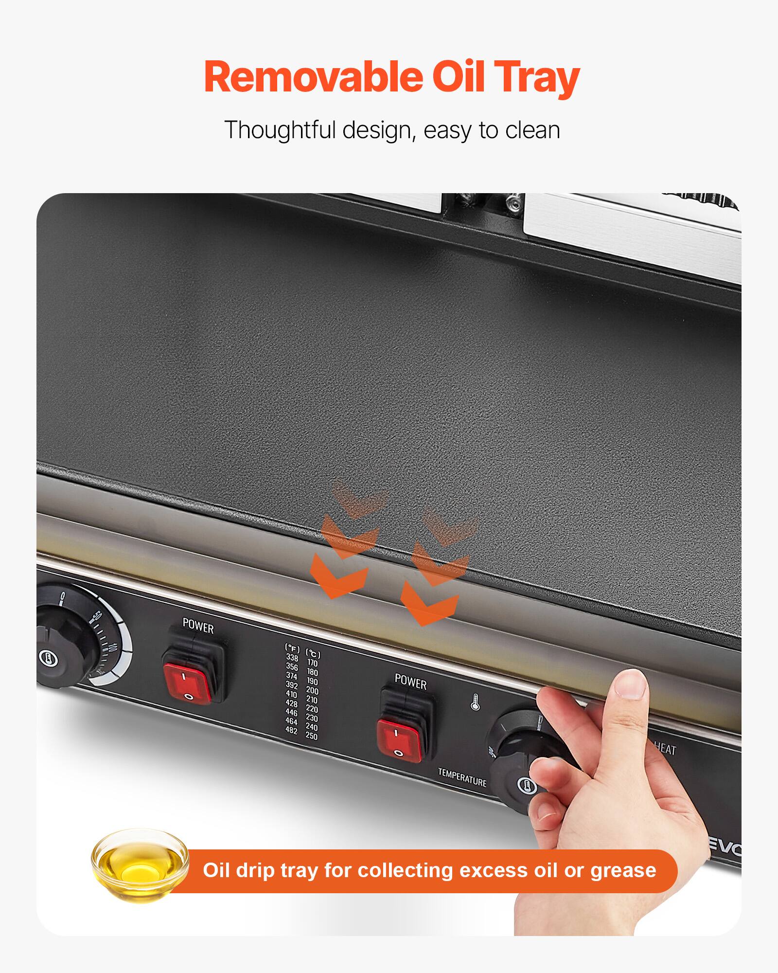 Removable Oil Tray  
Thoughtful design, easy to clean

8  
POWER 0  
(F) (C) 338 170 356 180 374 190 392 200 410 210 428 220 446 230 464 240 250  
POWER I TEMPERATURE  
HEAT

Oil drip tray for collecting excess oil or grease  
EVO